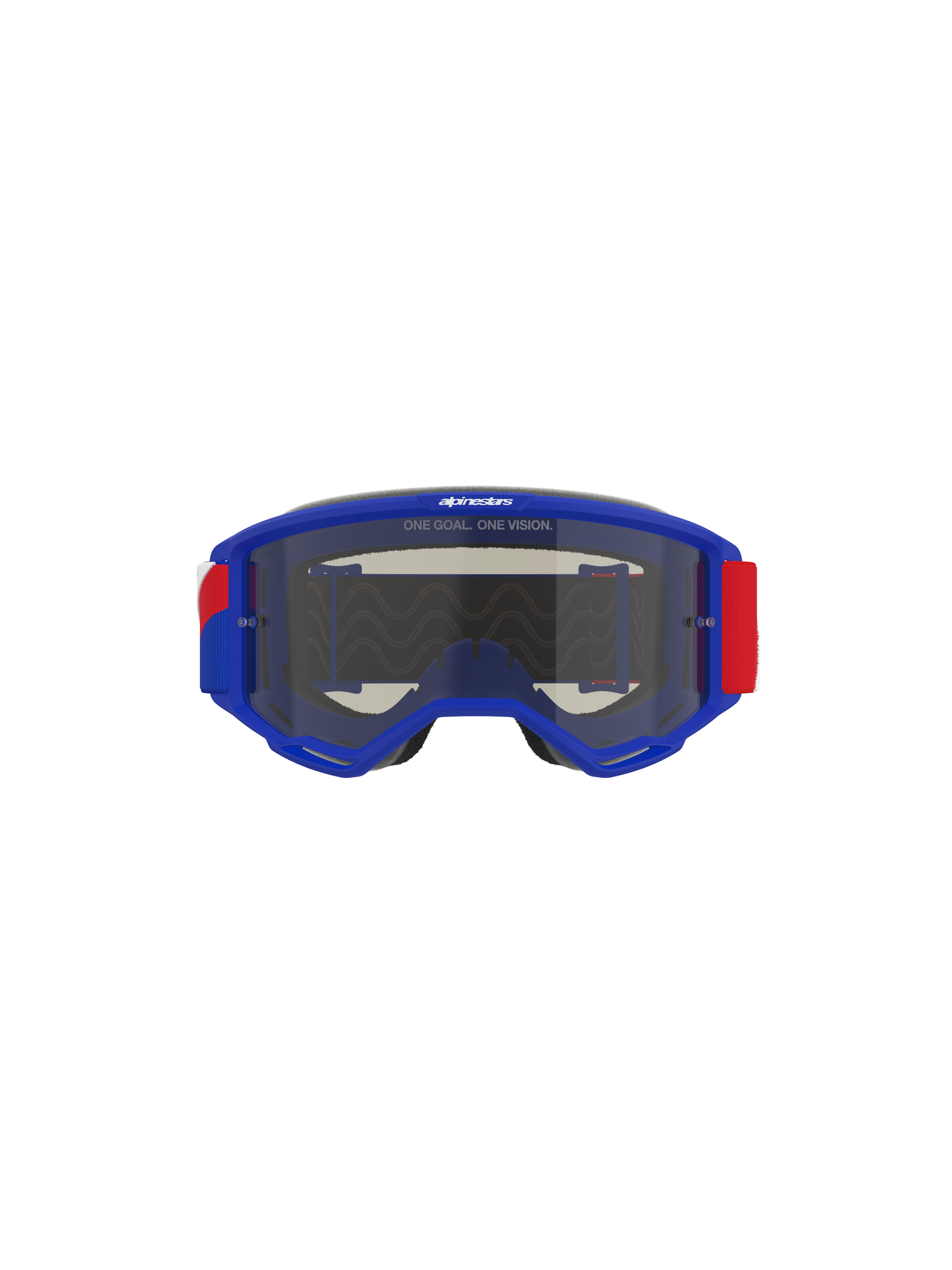 Gogle Alpinestars Vision Sand, niebieska oprawka z czerwonymi i białymi akcentami na pasku, przyciemniana soczewka Dark Smoke, z hasłem „ONE GOAL. ONE VISION.” na górze, wysokiej klasy gogle motocrossowe zapewniające ochronę na pustyni i w terenie off-road
