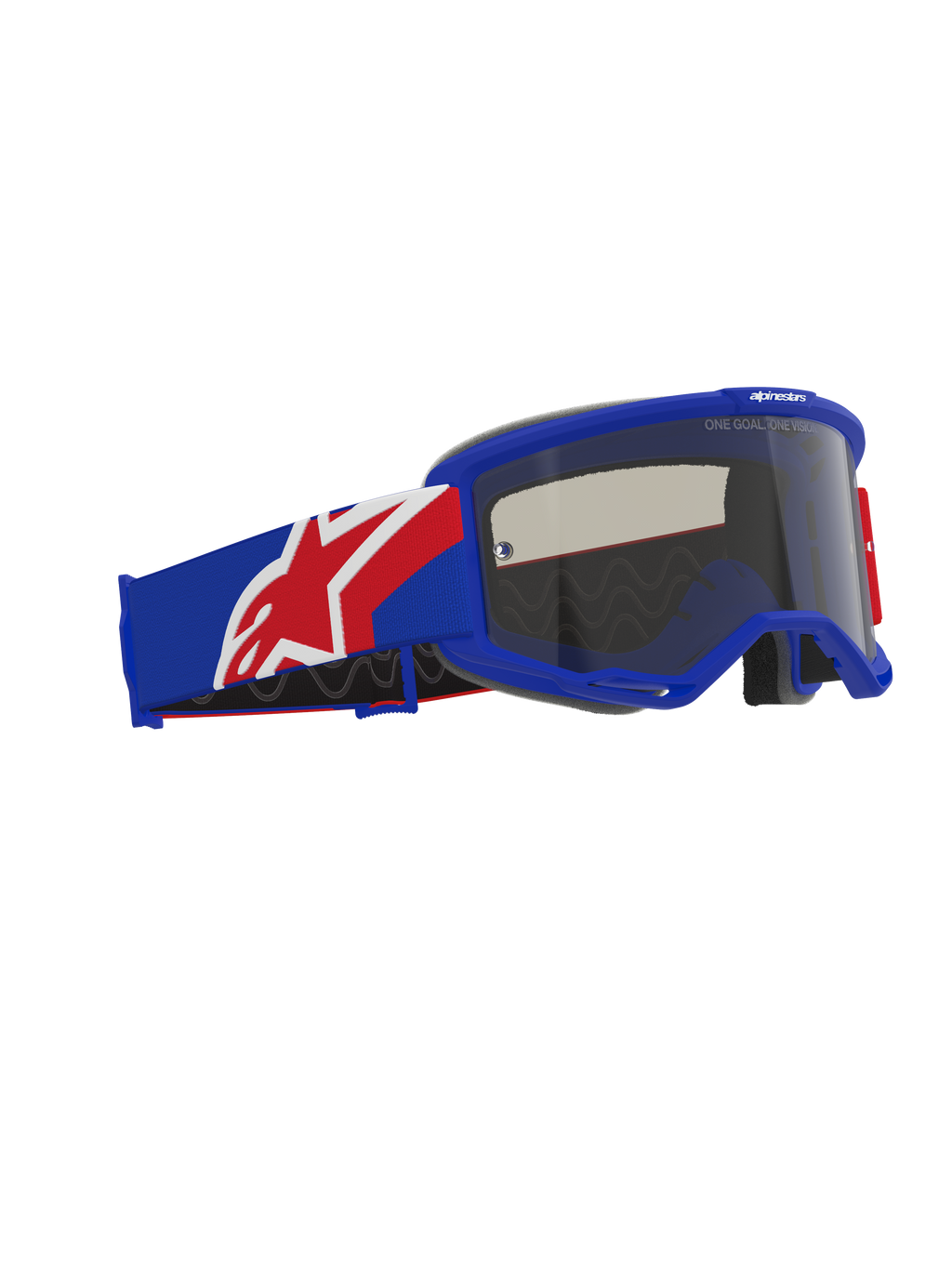 Alpinestars Vision Sand Goggles, gogle motocrossowe off-road, niebiesko-czerwono-biała oprawka i pasek, ciemna dymna soczewka, szeroki pasek z silikonowym wykończeniem i ergonomiczna pianka.