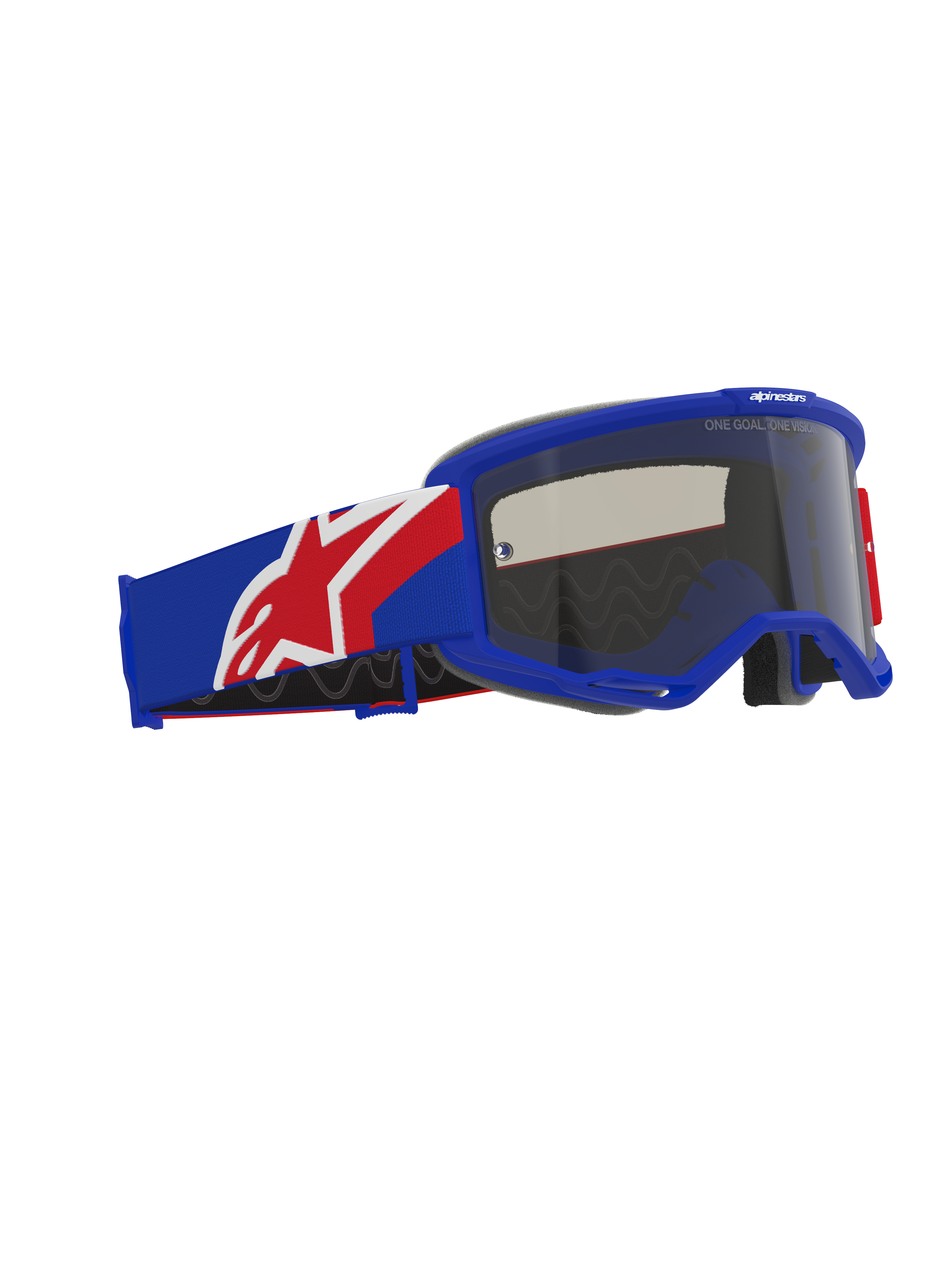 Alpinestars Vision Sand Goggles, gogle motocrossowe off-road, niebiesko-czerwono-biała oprawka i pasek, ciemna dymna soczewka, szeroki pasek z silikonowym wykończeniem i ergonomiczna pianka.