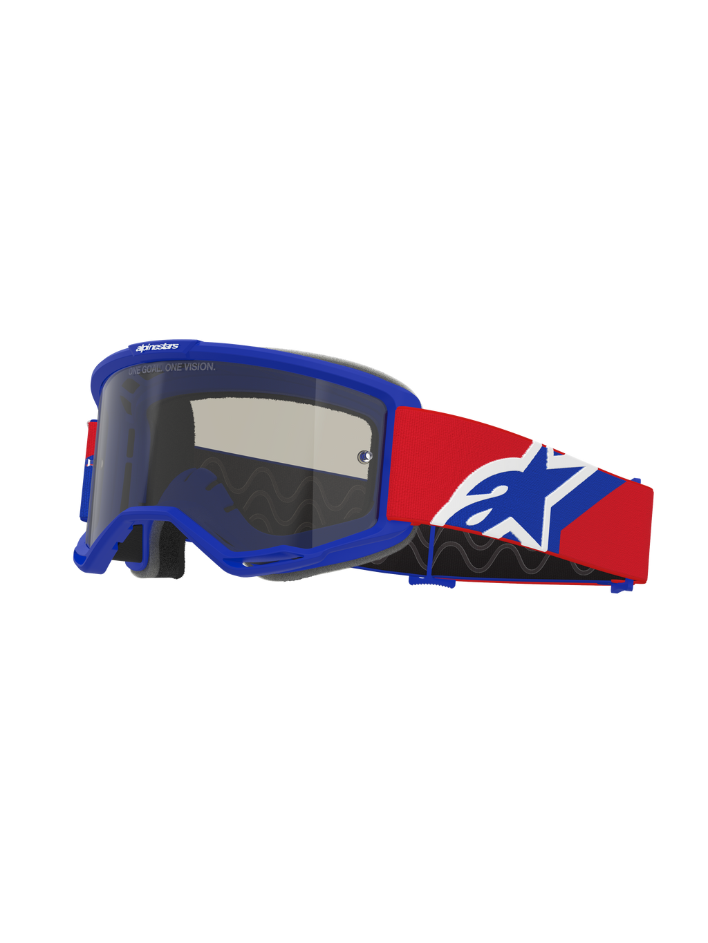 Alpinestars Vision Sand Goggles, gogle motocrossowe, niebieska oprawka z przyciemnianą soczewką Dark Smoke, czerwony pasek z niebiesko-białym logo, ochrona oczu off-road ze specjalistyczną pianką wentylacyjną do jazdy pustynnej