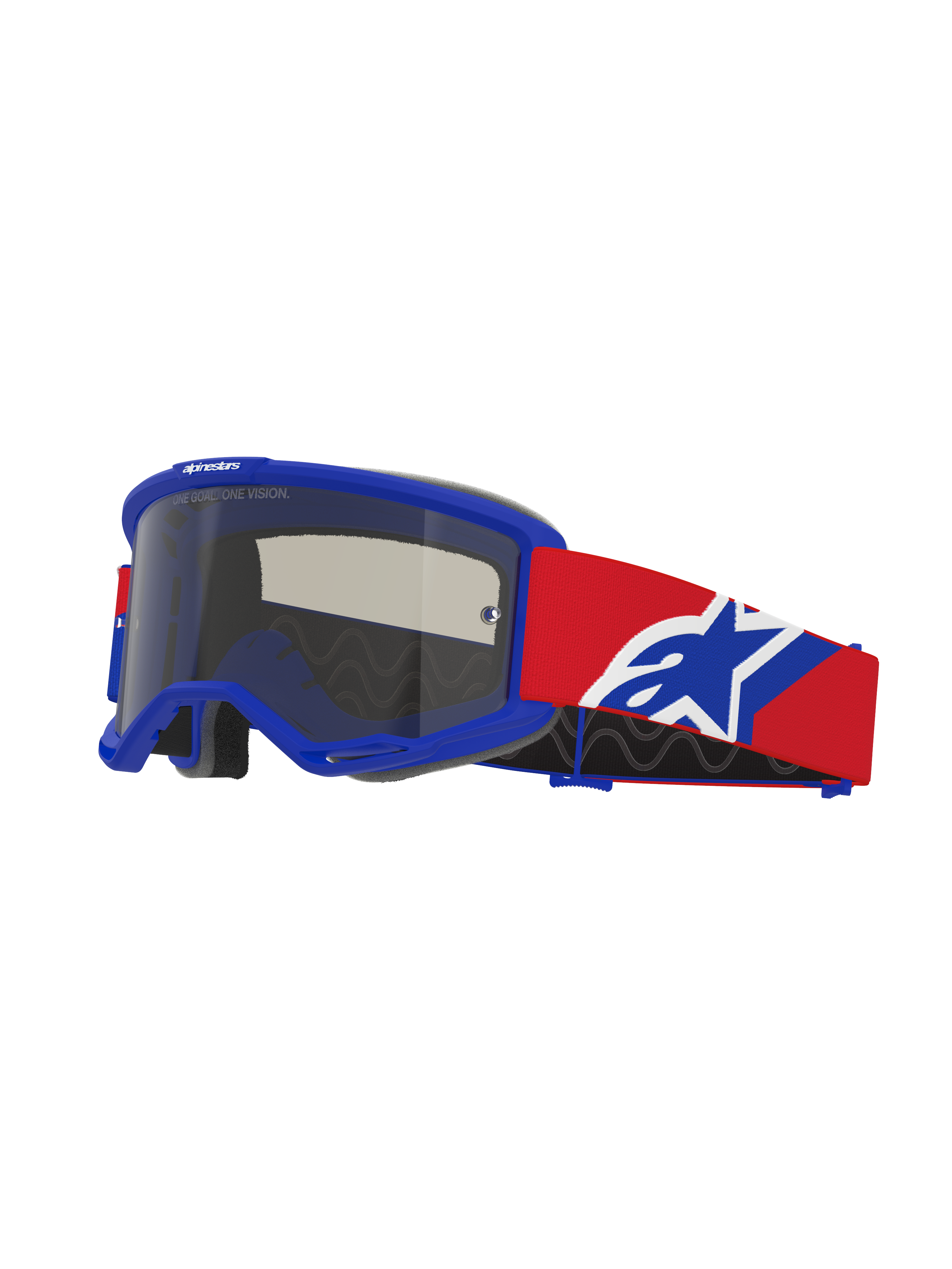 Alpinestars Vision Sand Goggles, gogle motocrossowe, niebieska oprawka z przyciemnianą soczewką Dark Smoke, czerwony pasek z niebiesko-białym logo, ochrona oczu off-road ze specjalistyczną pianką wentylacyjną do jazdy pustynnej