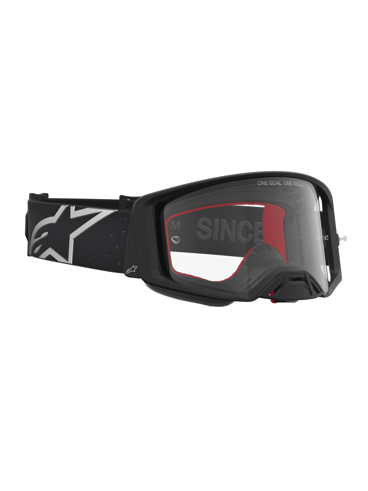 Alpinestars Supertech Vesta, gogle motocyklowe MX i off-road, czarne matowe i srebrne, przezroczysta soczewka, lekka konstrukcja.