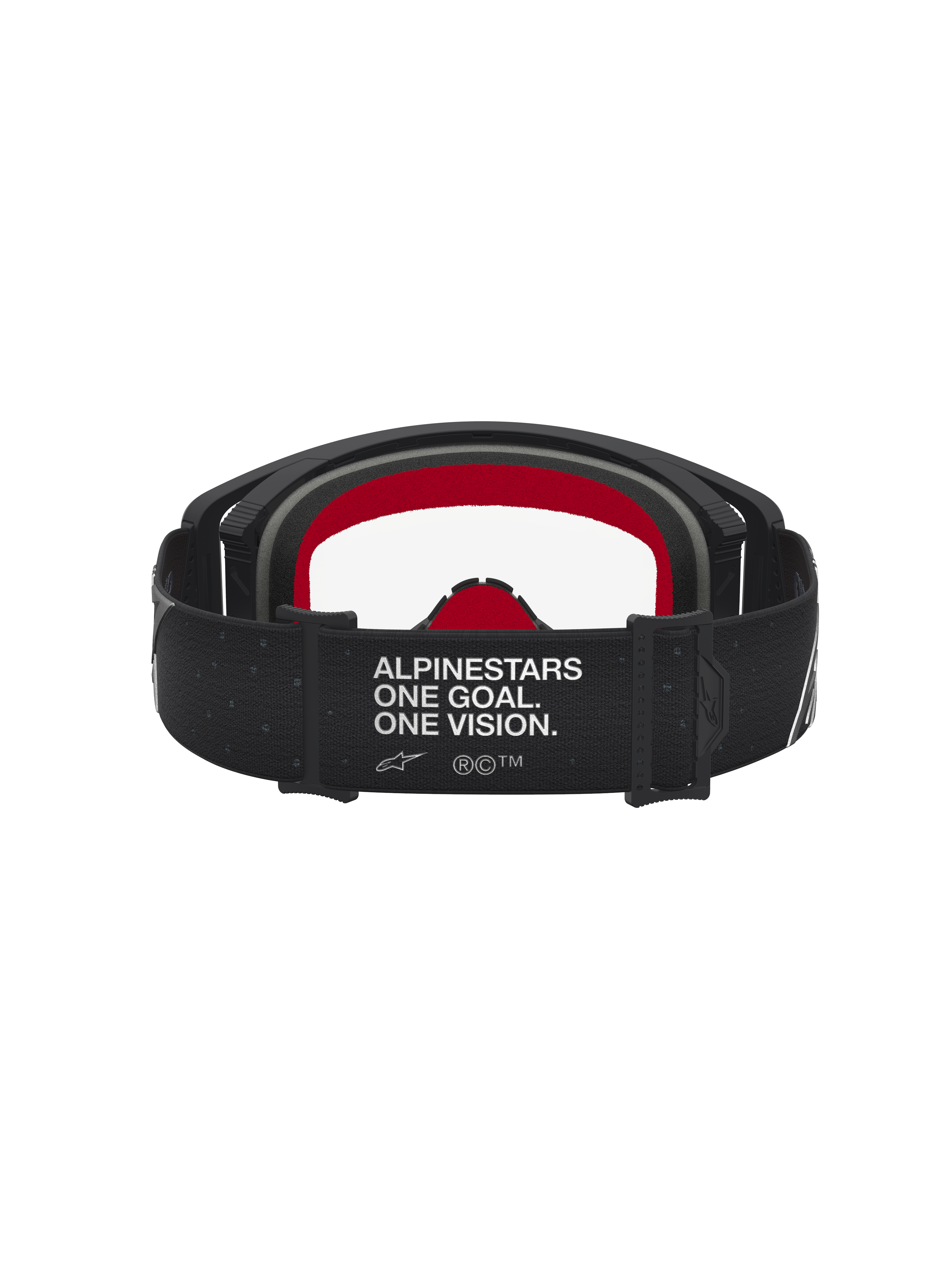 Alpinestars Supertech Vesta Motocross Goggles, black and red rear view featuring a clear lens and branded strap.