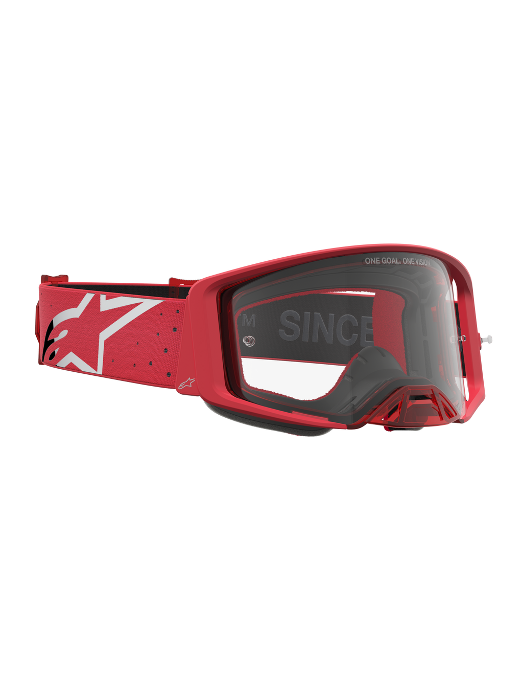 Gogle Alpinestars Supertech Vesta, gogle motocrossowe wyścigowe, czerwone i białe, przezroczysta szybka i pasek z logo, profesjonalna ochrona oczu do jazdy off-road.