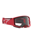 Gogle Alpinestars Supertech Vesta, gogle motocrossowe wyścigowe, czerwone i białe, przezroczysta szybka i pasek z logo, profesjonalna ochrona oczu do jazdy off-road.