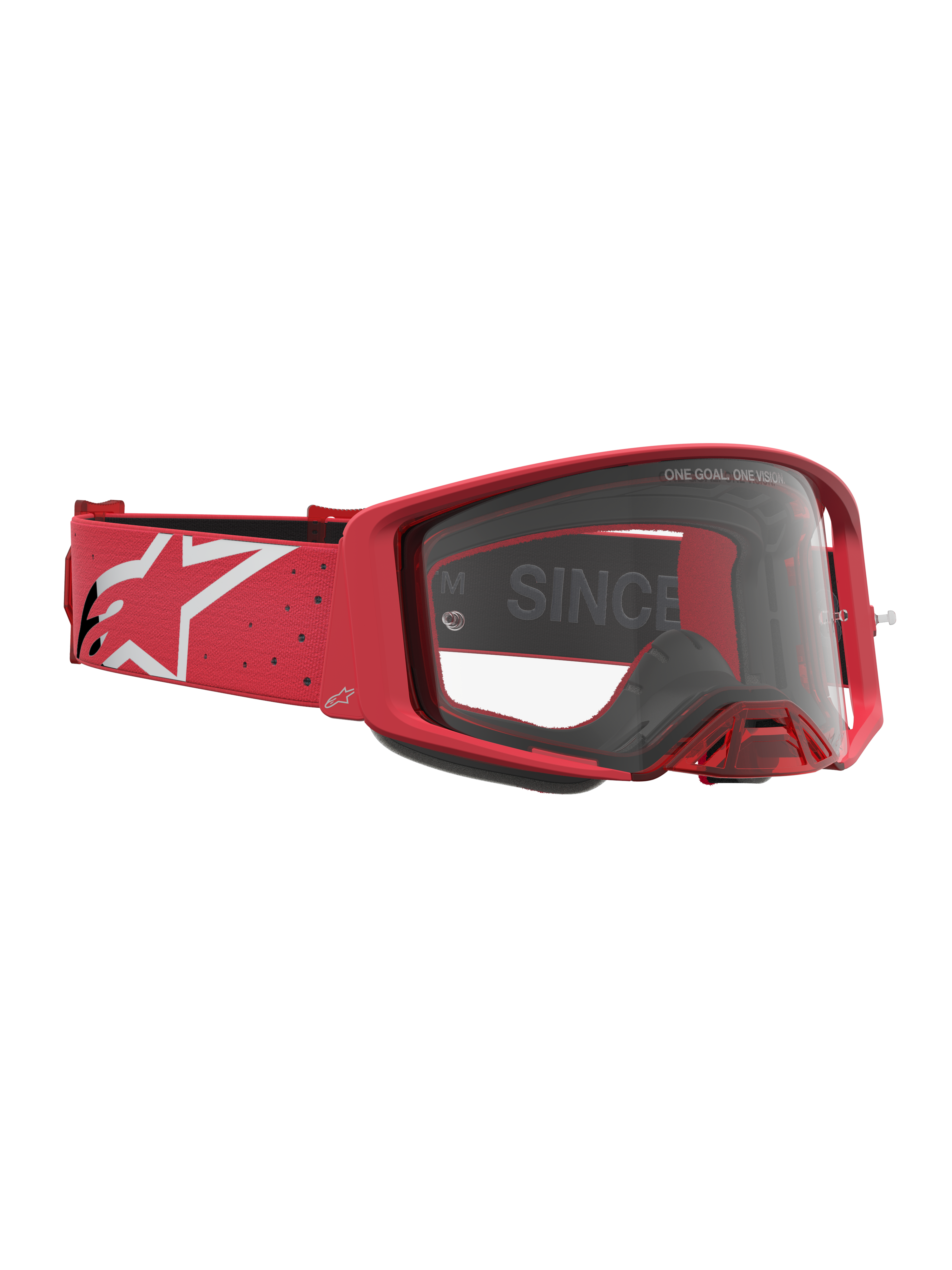 Gogle Alpinestars Supertech Vesta, gogle motocrossowe wyścigowe, czerwone i białe, przezroczysta szybka i pasek z logo, profesjonalna ochrona oczu do jazdy off-road.
