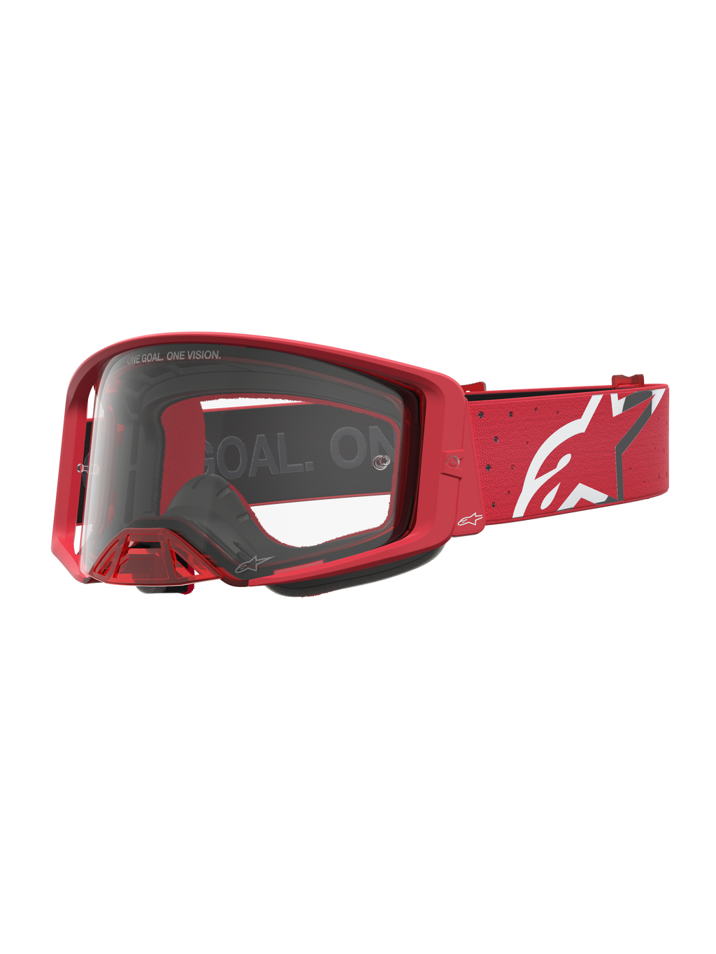 Alpinestars gogle Supertech Vesta, czerwone gogle motocrossowe z przezroczystą soczewką i białym logo na pasku.