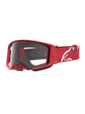 Alpinestars gogle Supertech Vesta, czerwone gogle motocrossowe z przezroczystą soczewką i białym logo na pasku.