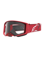 Alpinestars gogle Supertech Vesta, czerwone gogle motocrossowe z przezroczystą soczewką i białym logo na pasku.