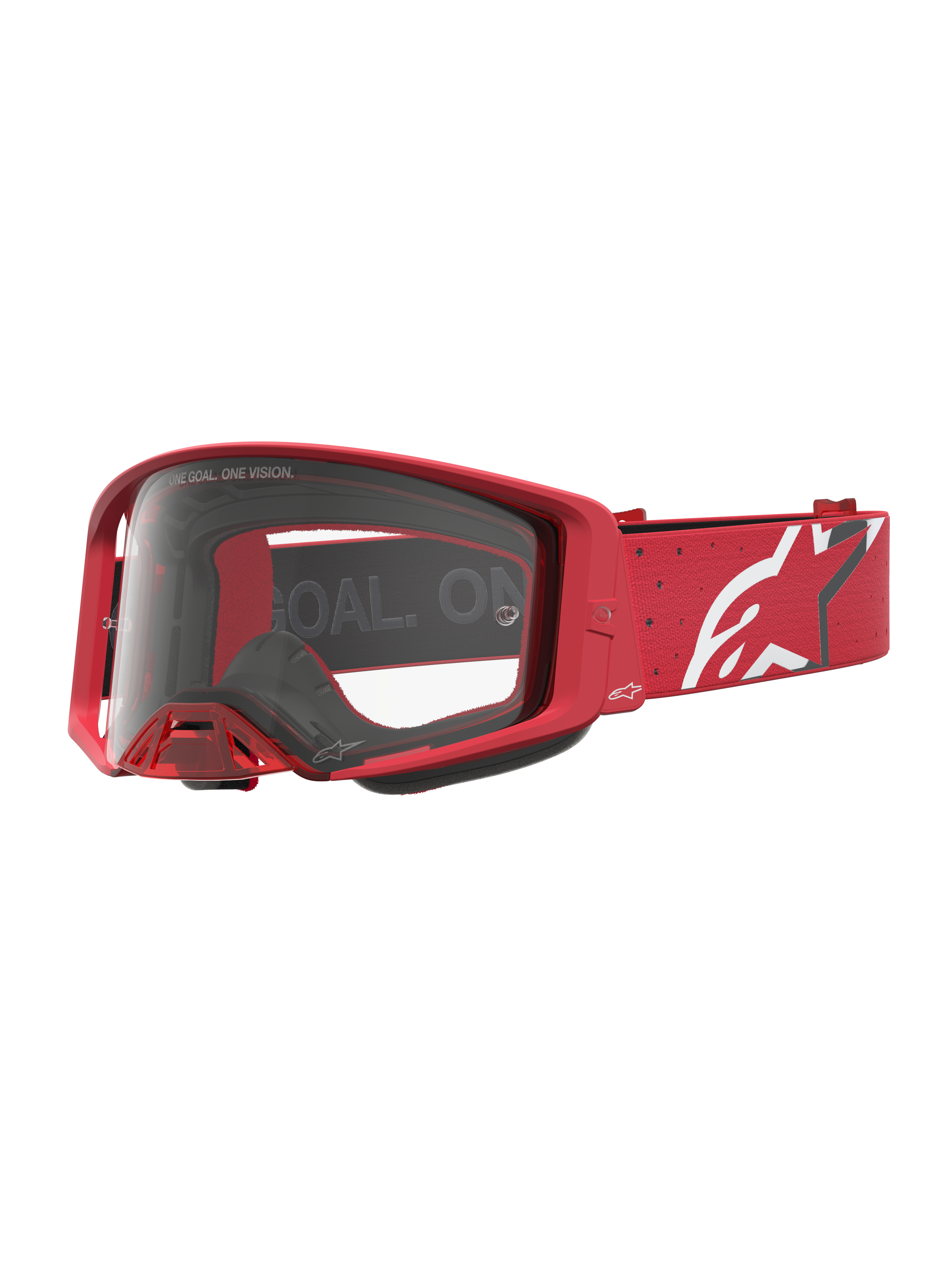 Alpinestars gogle Supertech Vesta, czerwone gogle motocrossowe z przezroczystą soczewką i białym logo na pasku.