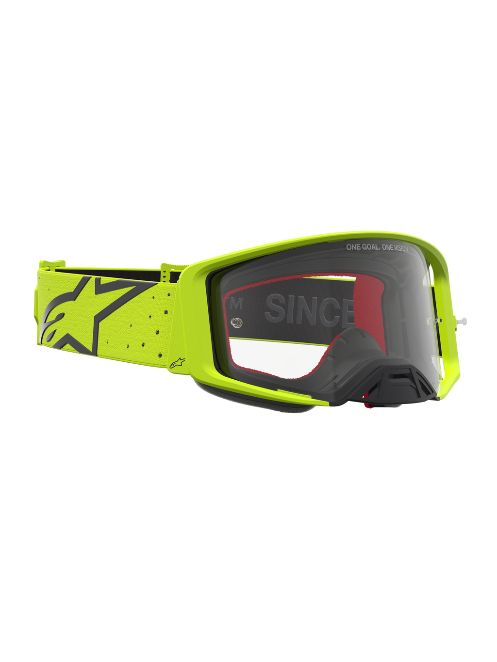 Alpinestars Supertech Vesta, gogle motocrossowe, żółte fluo i czarne, przezroczysta soczewka, szeroki elastyczny pasek z logo, profesjonalne gogle do jazdy off-road i supercross