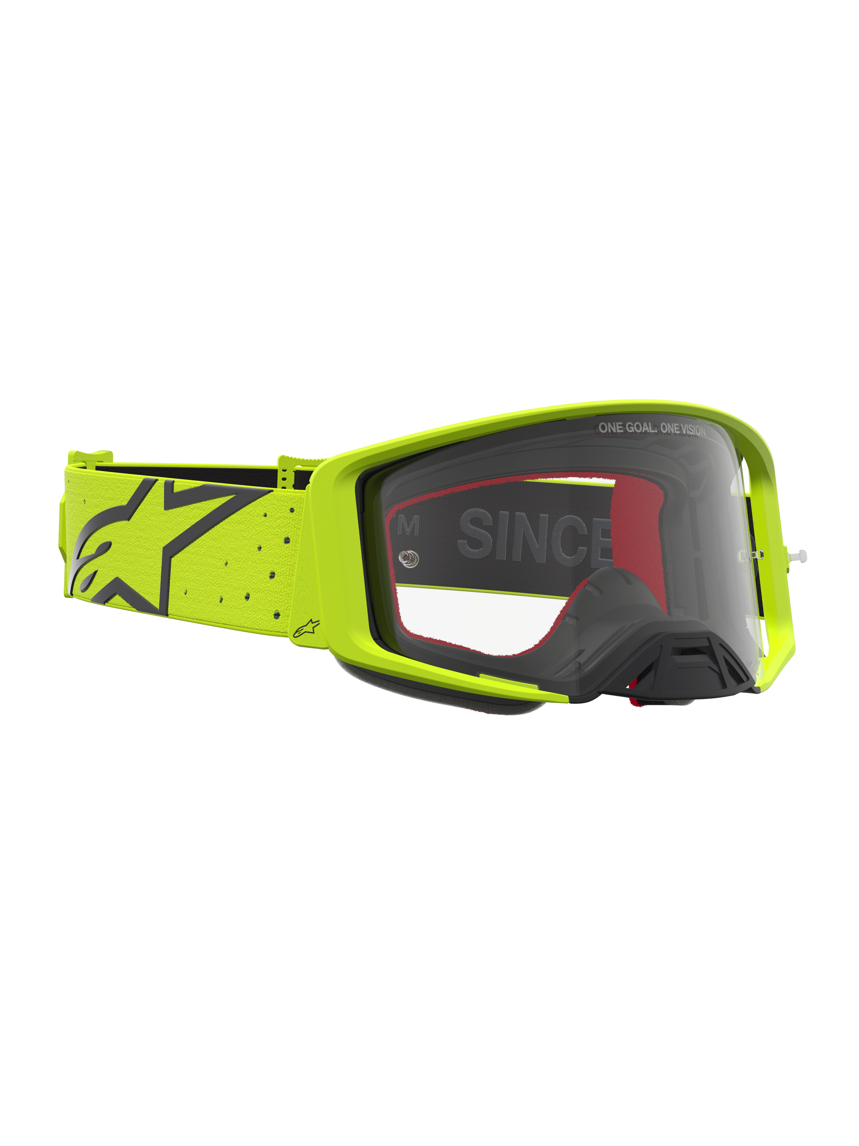 Alpinestars Supertech Vesta, gogle motocrossowe, żółte fluo i czarne, przezroczysta soczewka, szeroki elastyczny pasek z logo, profesjonalne gogle do jazdy off-road i supercross