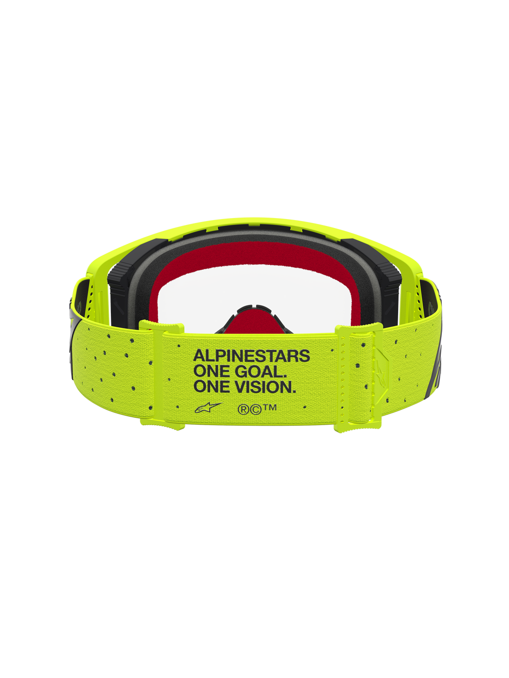 Alpinestars Supertech Vesta, gogle motocrossowe, żółte fluo i czarne, pasek z mottem ONE GOAL. ONE VISION. i czerwona pianka.