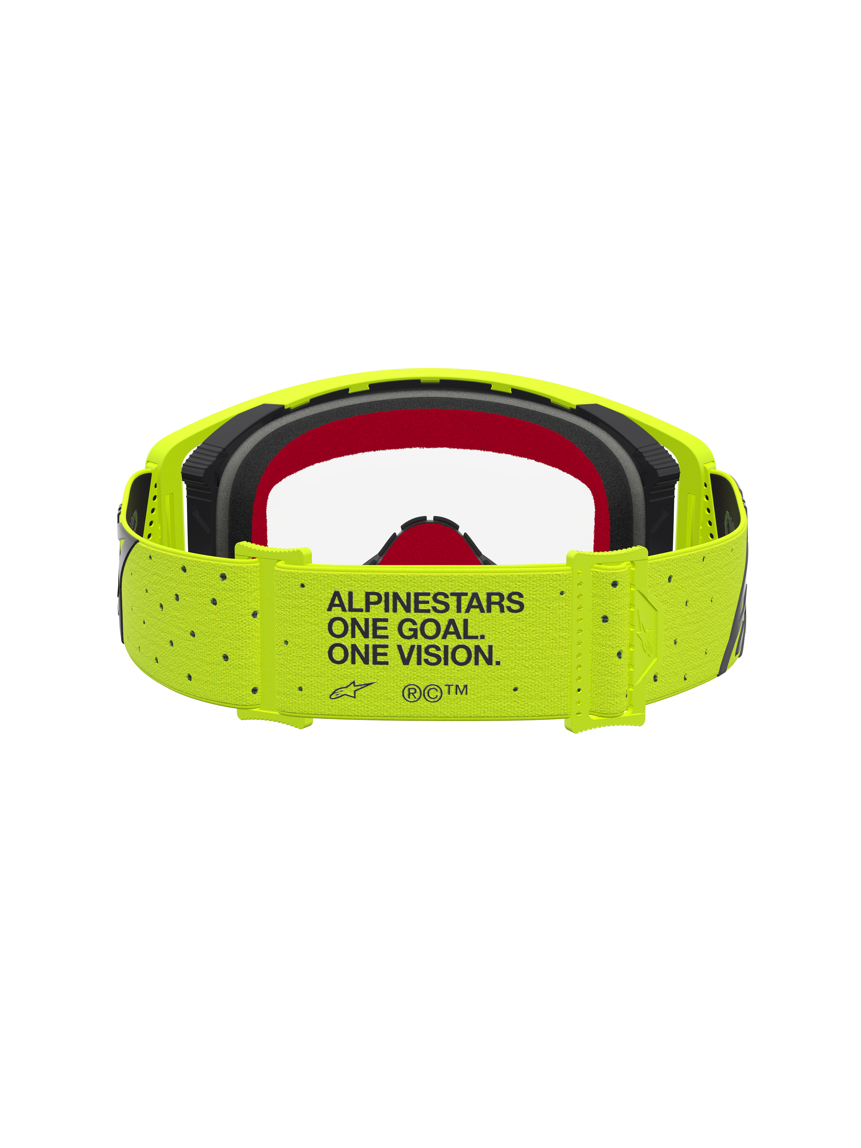 Alpinestars Supertech Vesta, gogle motocrossowe, żółte fluo i czarne, pasek z mottem ONE GOAL. ONE VISION. i czerwona pianka.