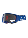 Gogle Alpinestars Supertech Vesta, niebieskie i białe gogle motocrossowe, przezroczysta soczewka i białe logo gwiazdy.