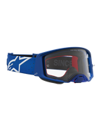 Alpinestars Supertech Vesta Goggles, blue and white motocross goggles with clear polycarbonate lens and logo strap.
