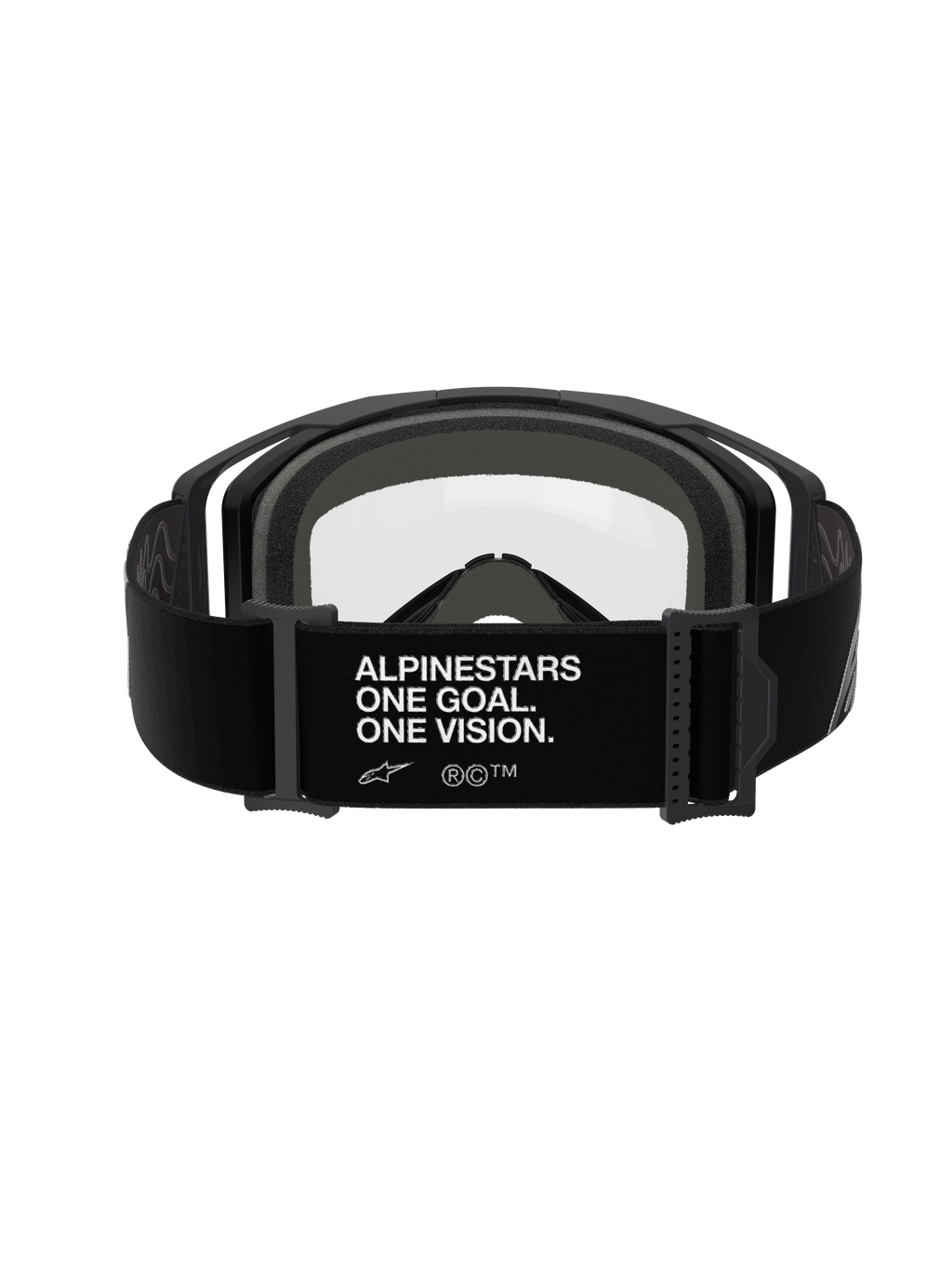 Gogle Alpinestars Vision 8 Corp - Dual Pane, widok z tyłu, szeroki czarny pasek z białym napisem „ALPINESTARS ONE GOAL. ONE VISION.”, czarna oprawka z przezroczystą poliwęglanową soczewką i grubą szarą wielowarstwową pianką, profesjonalne gogle motocrossowe