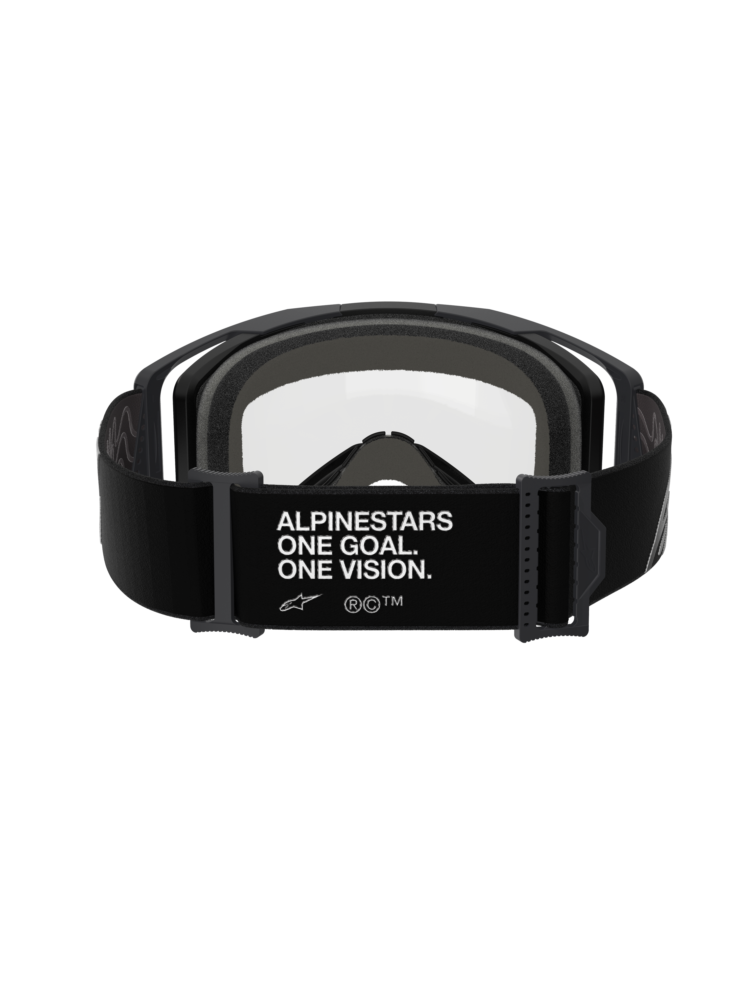 Gogle Alpinestars Vision 8 Corp - Dual Pane, widok z tyłu, szeroki czarny pasek z białym napisem „ALPINESTARS ONE GOAL. ONE VISION.”, czarna oprawka z przezroczystą poliwęglanową soczewką i grubą szarą wielowarstwową pianką, profesjonalne gogle motocrossowe