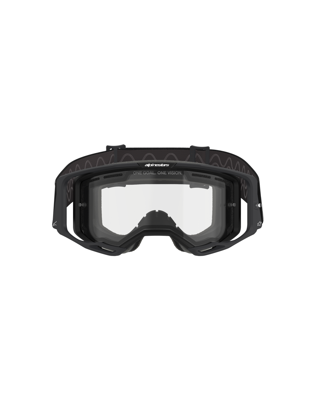 Alpinestars Vision 8 Corp Goggles - Dual Pane, gogle motocrossowe, czarna ramka z przezroczystą podwójną szybką, widok z przodu ukazujący system outrigger oraz branding „ONE GOAL. ONE VISION.”, techniczna ochrona oczu do wyścigów terenowych