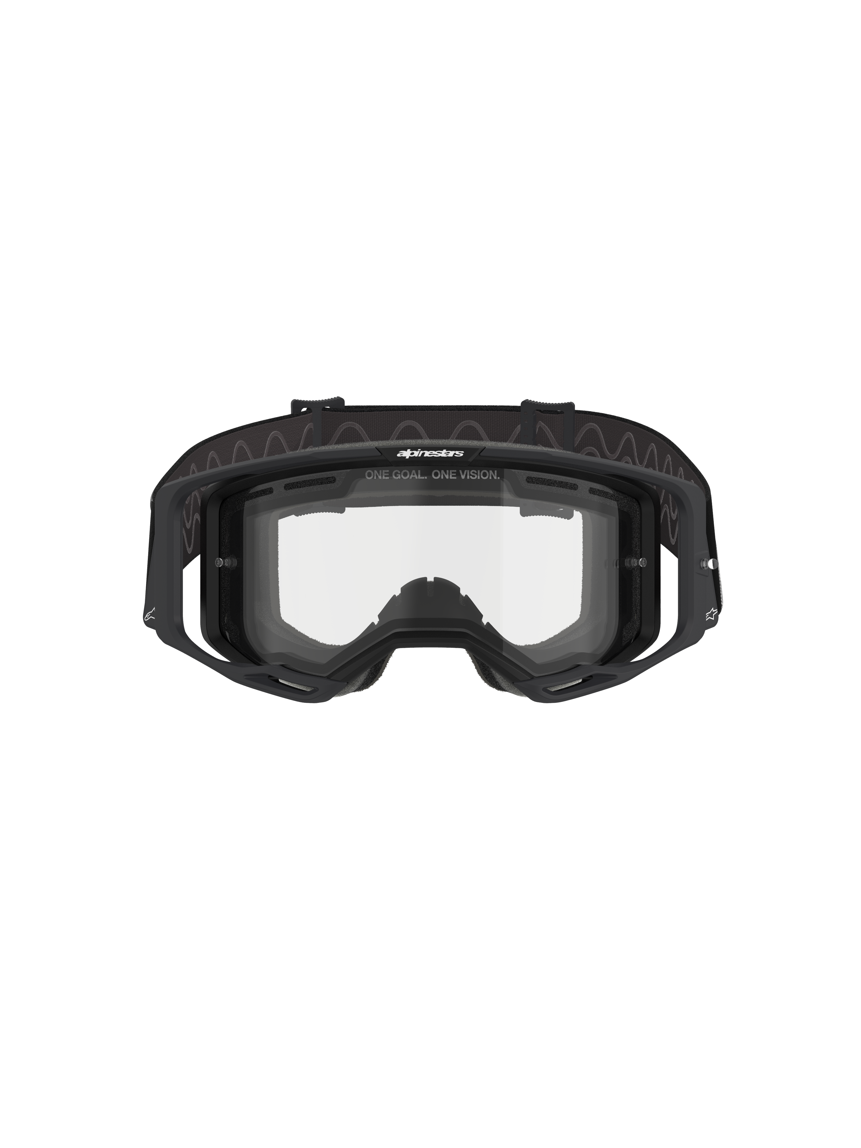 Alpinestars Vision 8 Corp Goggles - Dual Pane, gogle motocrossowe, czarna ramka z przezroczystą podwójną szybką, widok z przodu ukazujący system outrigger oraz branding „ONE GOAL. ONE VISION.”, techniczna ochrona oczu do wyścigów terenowych