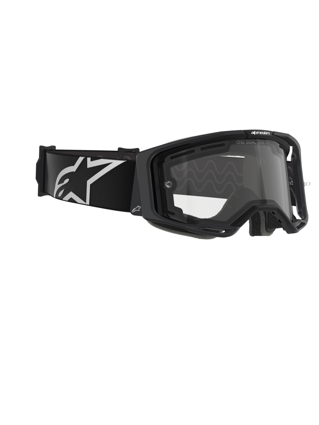 Alpinestars Vision 8 Corp Goggles, dwuszybowe gogle motocrossowe, czarna oprawka z przezroczystą soczewką, szeroki czarny pasek z dużym białym logo Alpinestars, techniczna ochrona oczu do wyścigów off-road