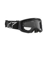 Alpinestars Vision 8 Corp Goggles, dwuszybowe gogle motocrossowe, czarna oprawka z przezroczystą soczewką, szeroki czarny pasek z dużym białym logo Alpinestars, techniczna ochrona oczu do wyścigów off-road