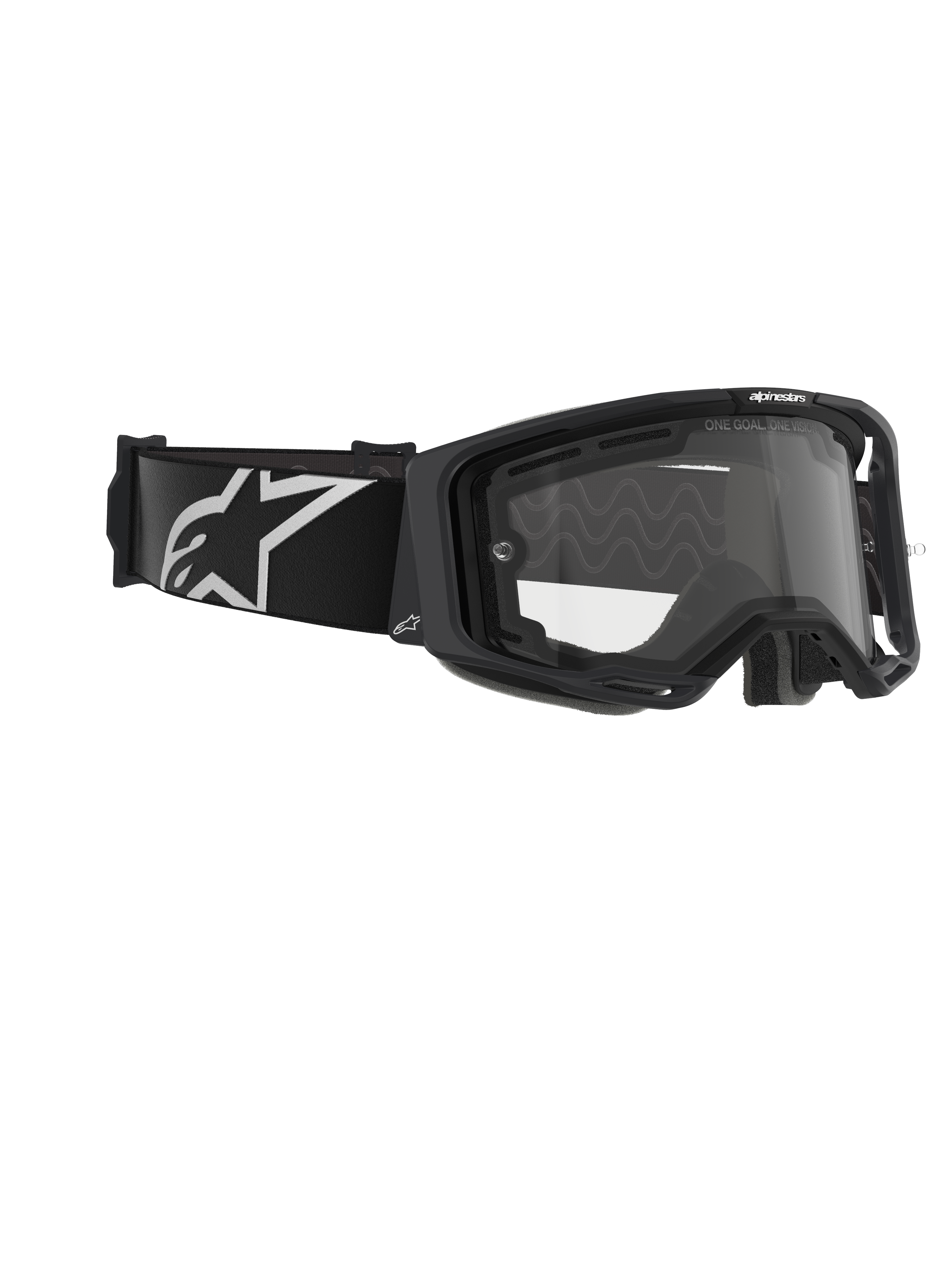 Alpinestars Vision 8 Corp Goggles, dwuszybowe gogle motocrossowe, czarna oprawka z przezroczystą soczewką, szeroki czarny pasek z dużym białym logo Alpinestars, techniczna ochrona oczu do wyścigów off-road