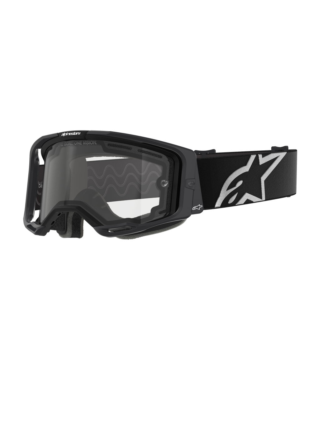 Alpinestars Vision 8 Corp Goggles - Dual Pane, gogle motocrossowe, czarna oprawka z przezroczystą podwójną szybką, szeroki czarny pasek z dużym białym logo gwiazdy Alpinestars, nowoczesny sportowy design z otworami wentylacyjnymi do wyścigów terenowych
