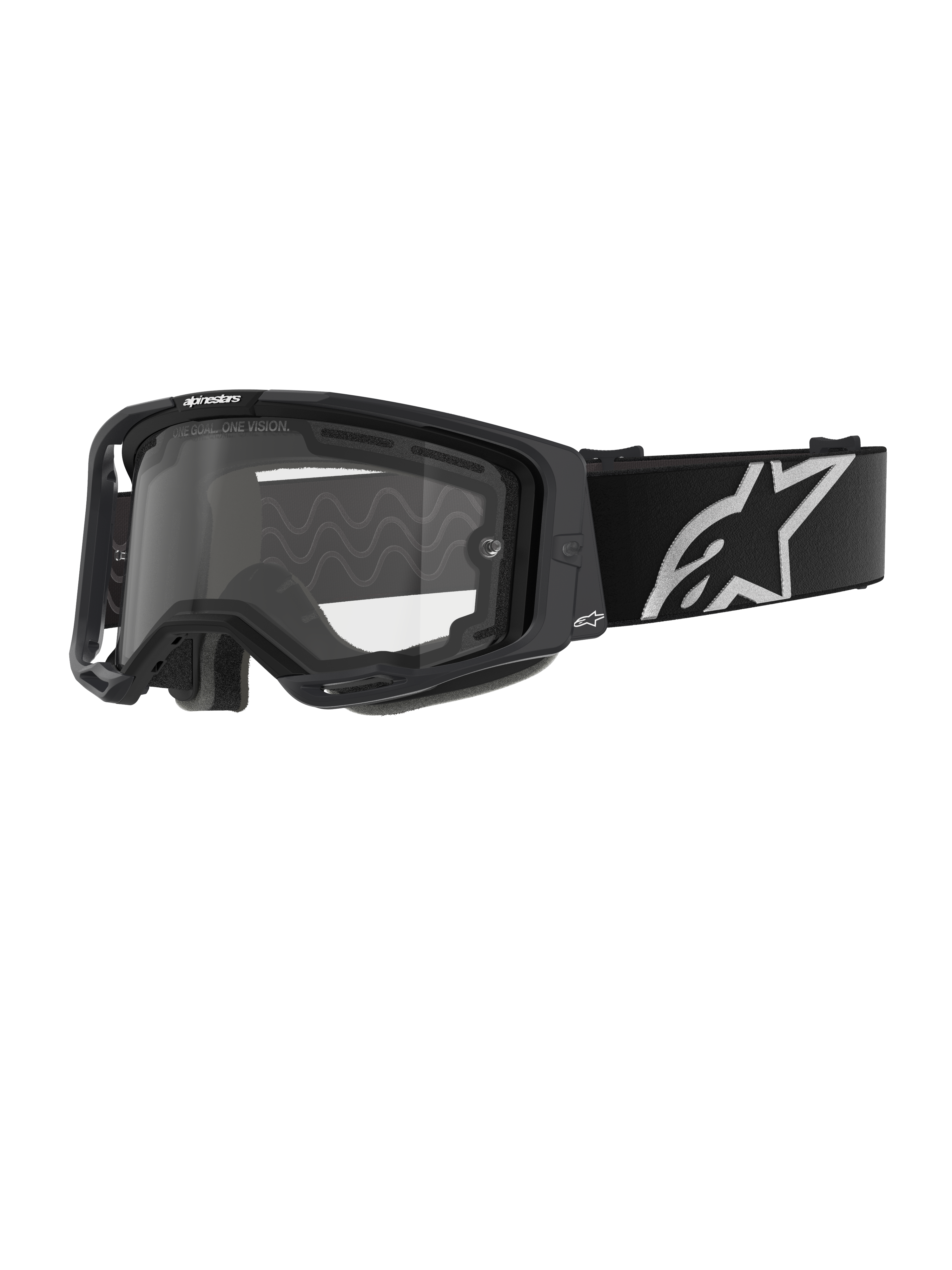 Alpinestars Vision 8 Corp Goggles - Dual Pane, gogle motocrossowe, czarna oprawka z przezroczystą podwójną szybką, szeroki czarny pasek z dużym białym logo gwiazdy Alpinestars, nowoczesny sportowy design z otworami wentylacyjnymi do wyścigów terenowych