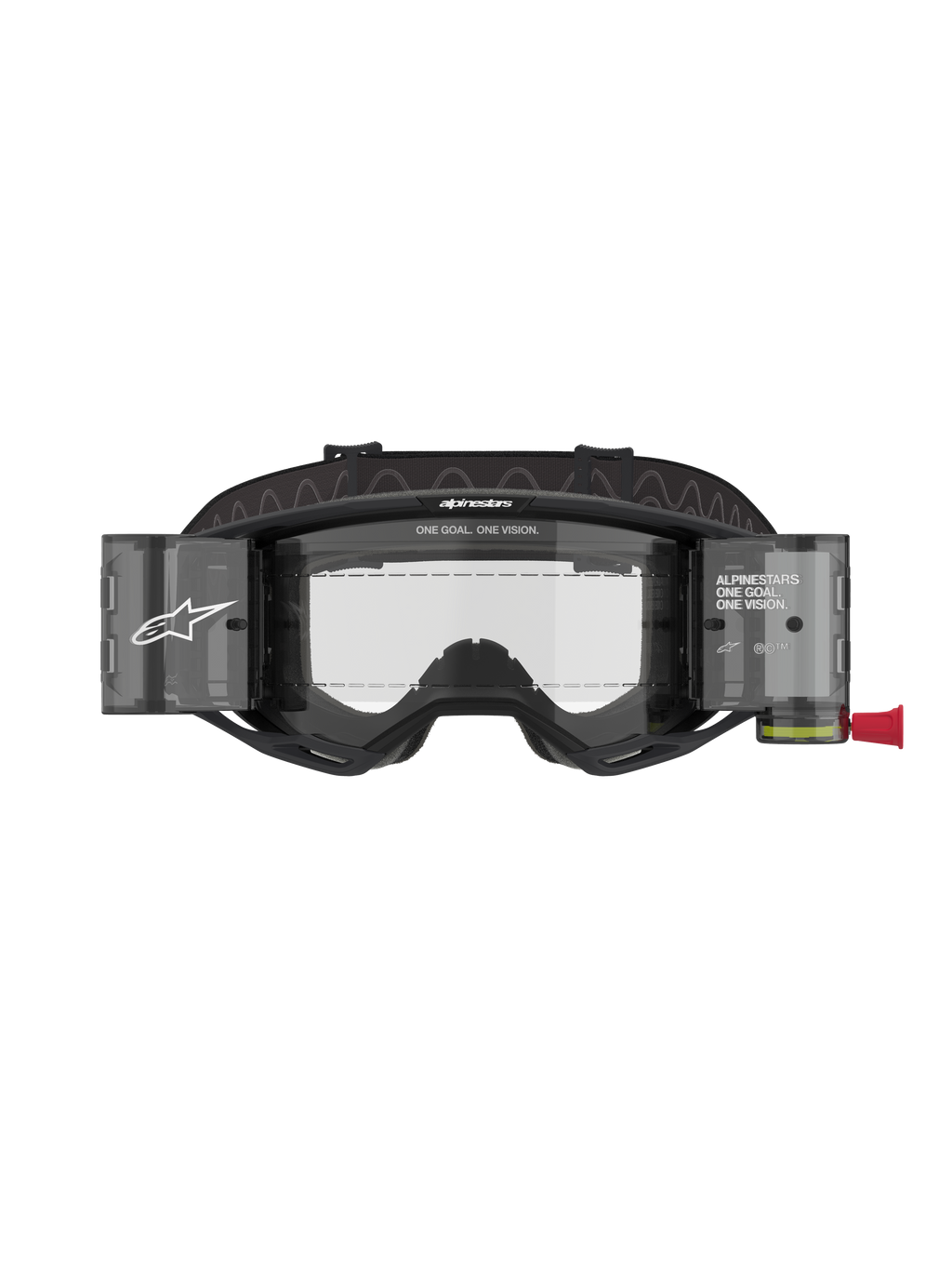 Alpinestars Vision 8 Corp Goggles Roll Off, Motocross Goggles, Black frame with Clear lens, featuring integrated roll-off system with translucent canisters and wide black strap with branding, professional racing eye protection