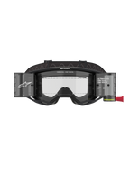 Alpinestars Vision 8 Corp Goggles Roll Off, Motocross Goggles, Black frame with Clear lens, featuring integrated roll-off system with translucent canisters and wide black strap with branding, professional racing eye protection