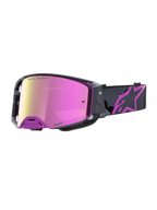 Gogle Alpinestars Supertech Lone Edycja Limitowana, gogle motocrossowe z lustrzaną różową soczewką, fioletową ramką moro i paskiem z logo Astars
