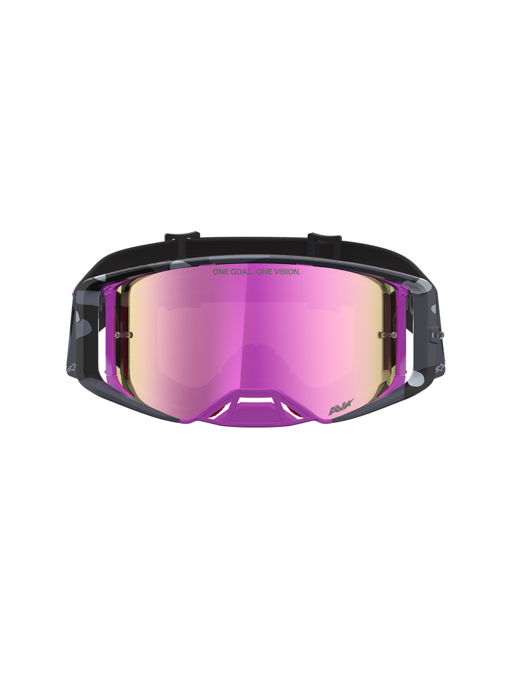 Gogle Alpinestars Supertech Lone Edycja Limitowana, fioletowy kamuflaż i różowe lustrzane soczewki, gogle motocrossowe z technologią soczewek o wysokim kontraście i zoptymalizowaną wentylacją
