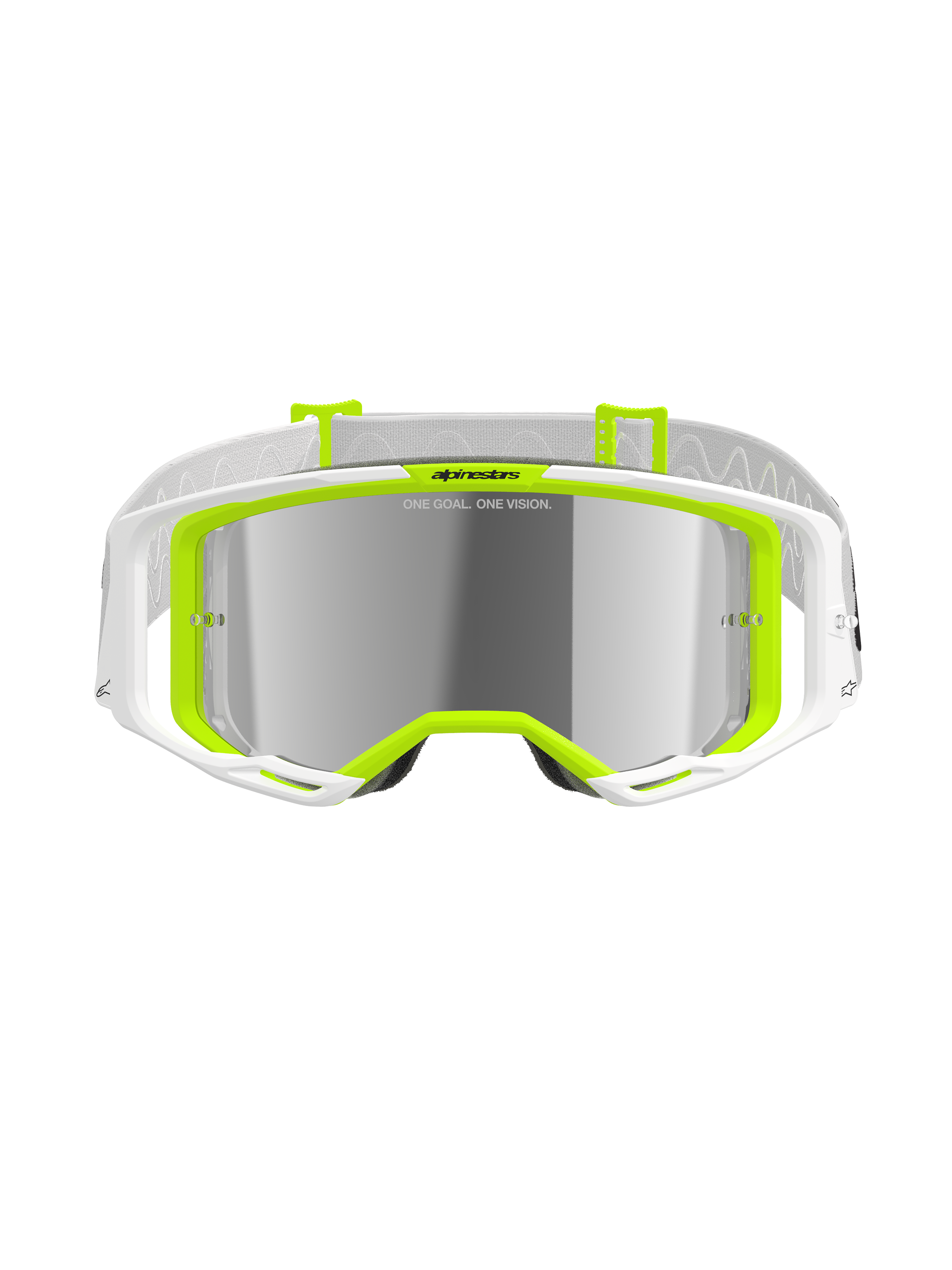 Alpinestars Vision 8 Wordmark Goggles, gogle motocrossowe, białe i żółte fluo, srebrna lustrzana soczewka z napisem „ONE GOAL. ONE VISION.”, szerokie pole widzenia, biały pasek z szarymi akcentami, wyczynowe gogle off-road