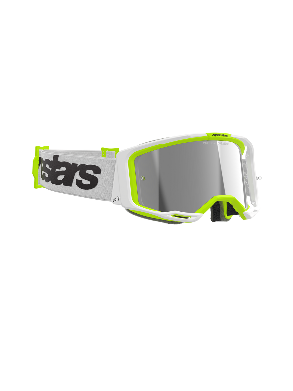 Alpinestars Vision 8 Wordmark Goggles, gogle motocrossowe, biała i żółta fluorescencyjna oprawka, srebrna lustrzana soczewka, biały tkany pasek z wyraźnym czarnym logotypem, wysokiej klasy ochrona oczu do jazdy terenowej