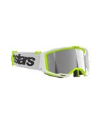 Alpinestars Vision 8 Wordmark Goggles, gogle motocrossowe, biała i żółta fluorescencyjna oprawka, srebrna lustrzana soczewka, biały tkany pasek z wyraźnym czarnym logotypem, wysokiej klasy ochrona oczu do jazdy terenowej