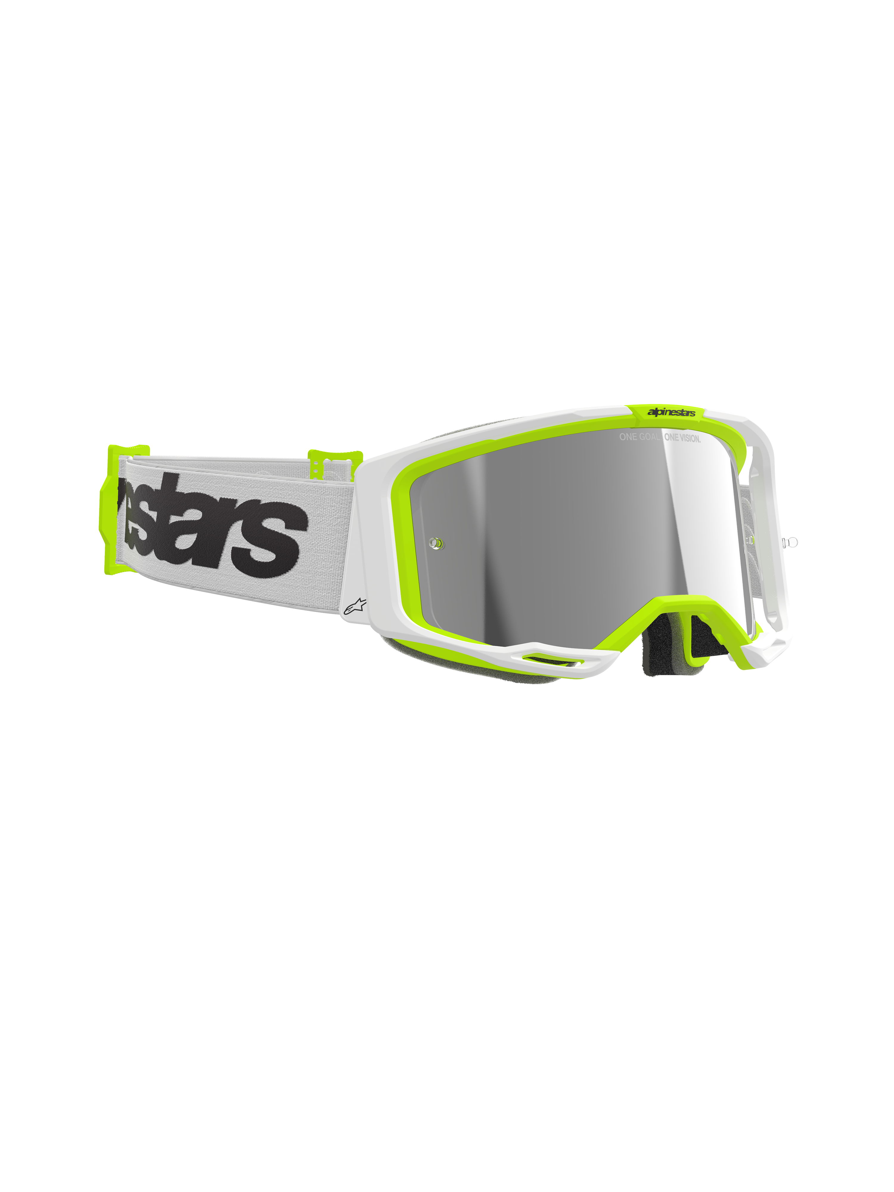 Alpinestars Vision 8 Wordmark Goggles, gogle motocrossowe, biała i żółta fluorescencyjna oprawka, srebrna lustrzana soczewka, biały tkany pasek z wyraźnym czarnym logotypem, wysokiej klasy ochrona oczu do jazdy terenowej