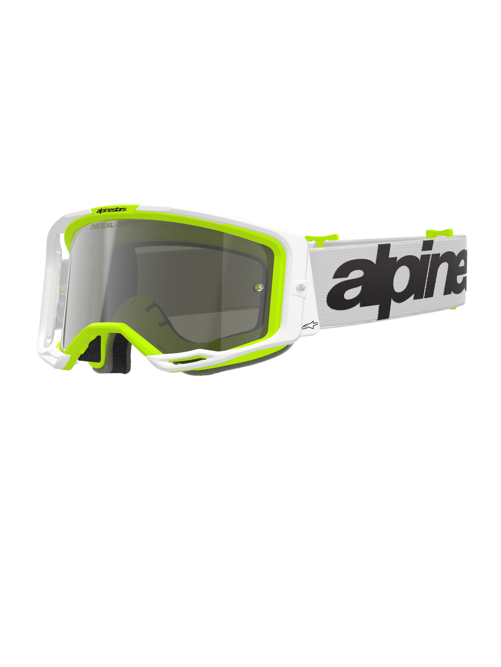 Alpinestars Vision 8 Wordmark Goggles, gogle motocrossowe, biała i fluorescencyjna żółta oprawka ze srebrną lustrzaną soczewką, biały pasek z wyraźnym czarnym brandingiem, ramka A-FLEX dla wydajności w wyścigach terenowych.
