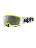 Alpinestars Vision 8 Wordmark Goggles, gogle motocrossowe, biała i fluorescencyjna żółta oprawka ze srebrną lustrzaną soczewką, biały pasek z wyraźnym czarnym brandingiem, ramka A-FLEX dla wydajności w wyścigach terenowych.