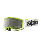 Alpinestars Vision 8 Wordmark Goggles, gogle motocrossowe, biała i fluorescencyjna żółta oprawka ze srebrną lustrzaną soczewką, biały pasek z wyraźnym czarnym brandingiem, ramka A-FLEX dla wydajności w wyścigach terenowych.