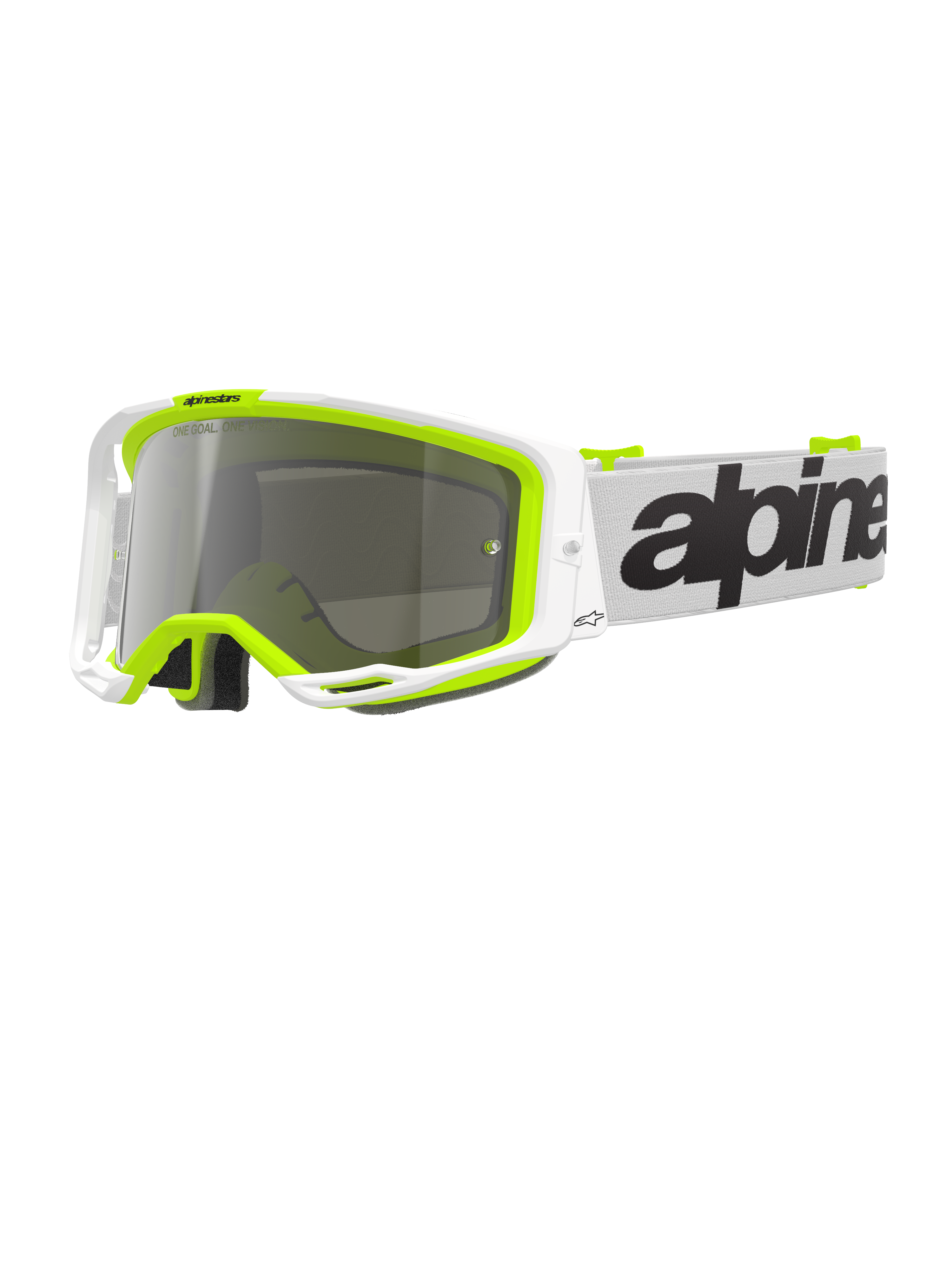 Alpinestars Vision 8 Wordmark Goggles, gogle motocrossowe, biała i fluorescencyjna żółta oprawka ze srebrną lustrzaną soczewką, biały pasek z wyraźnym czarnym brandingiem, ramka A-FLEX dla wydajności w wyścigach terenowych.
