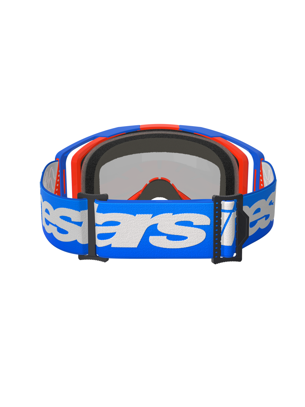 Gogle Alpinestars Vision 8 Wordmark, gogle motocrossowe, Blue Orange Mirror Red, widok z tyłu z niebieskim tkanym paskiem z białym napisem Alpinestars, wewnętrzną formowaną w 3D pianką do twarzy i czarnymi klamrami regulacyjnymi