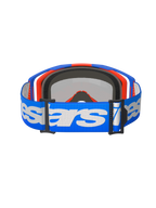 Gogle Alpinestars Vision 8 Wordmark, gogle motocrossowe, Blue Orange Mirror Red, widok z tyłu z niebieskim tkanym paskiem z białym napisem Alpinestars, wewnętrzną formowaną w 3D pianką do twarzy i czarnymi klamrami regulacyjnymi