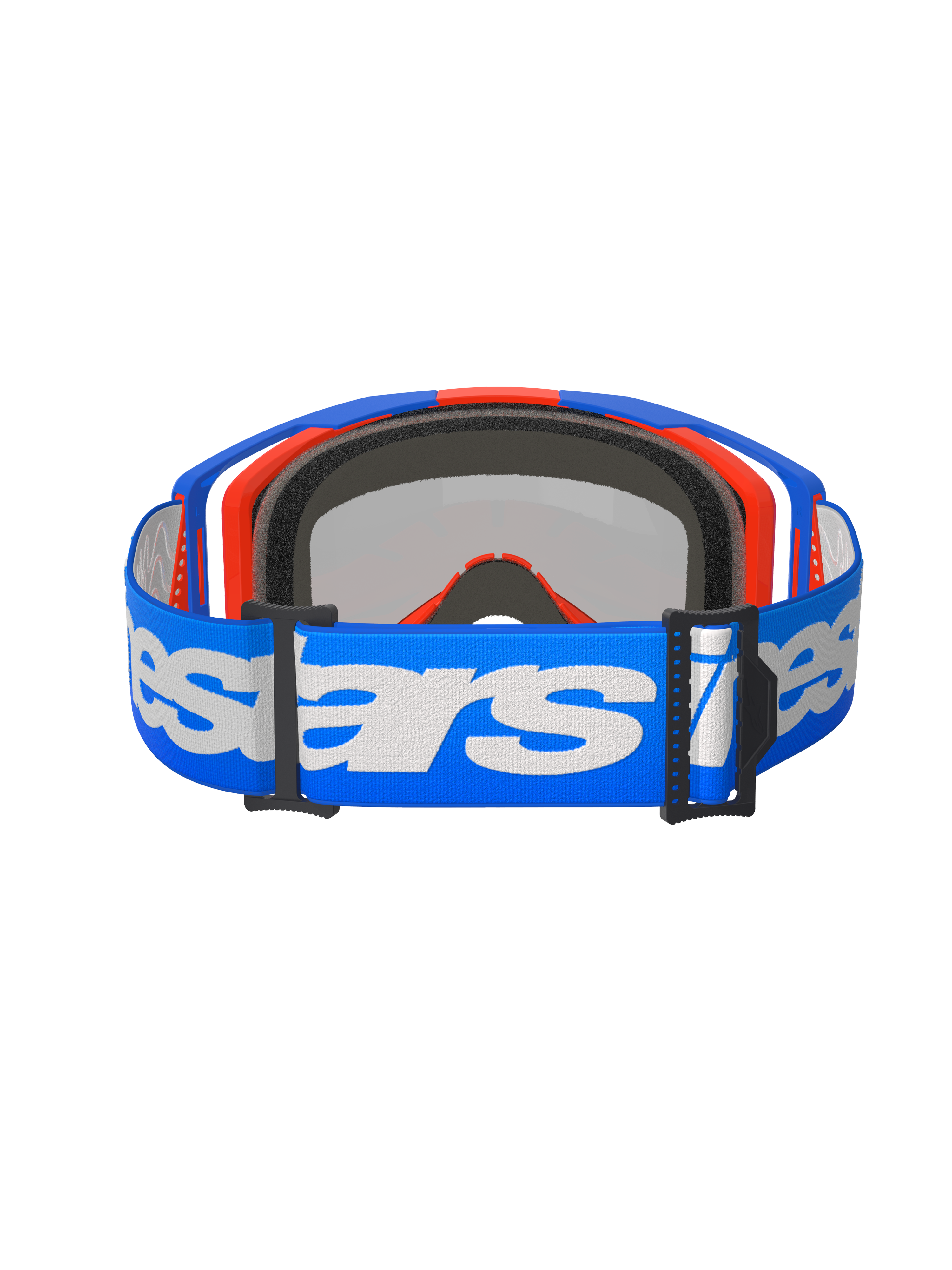 Gogle Alpinestars Vision 8 Wordmark, gogle motocrossowe, Blue Orange Mirror Red, widok z tyłu z niebieskim tkanym paskiem z białym napisem Alpinestars, wewnętrzną formowaną w 3D pianką do twarzy i czarnymi klamrami regulacyjnymi