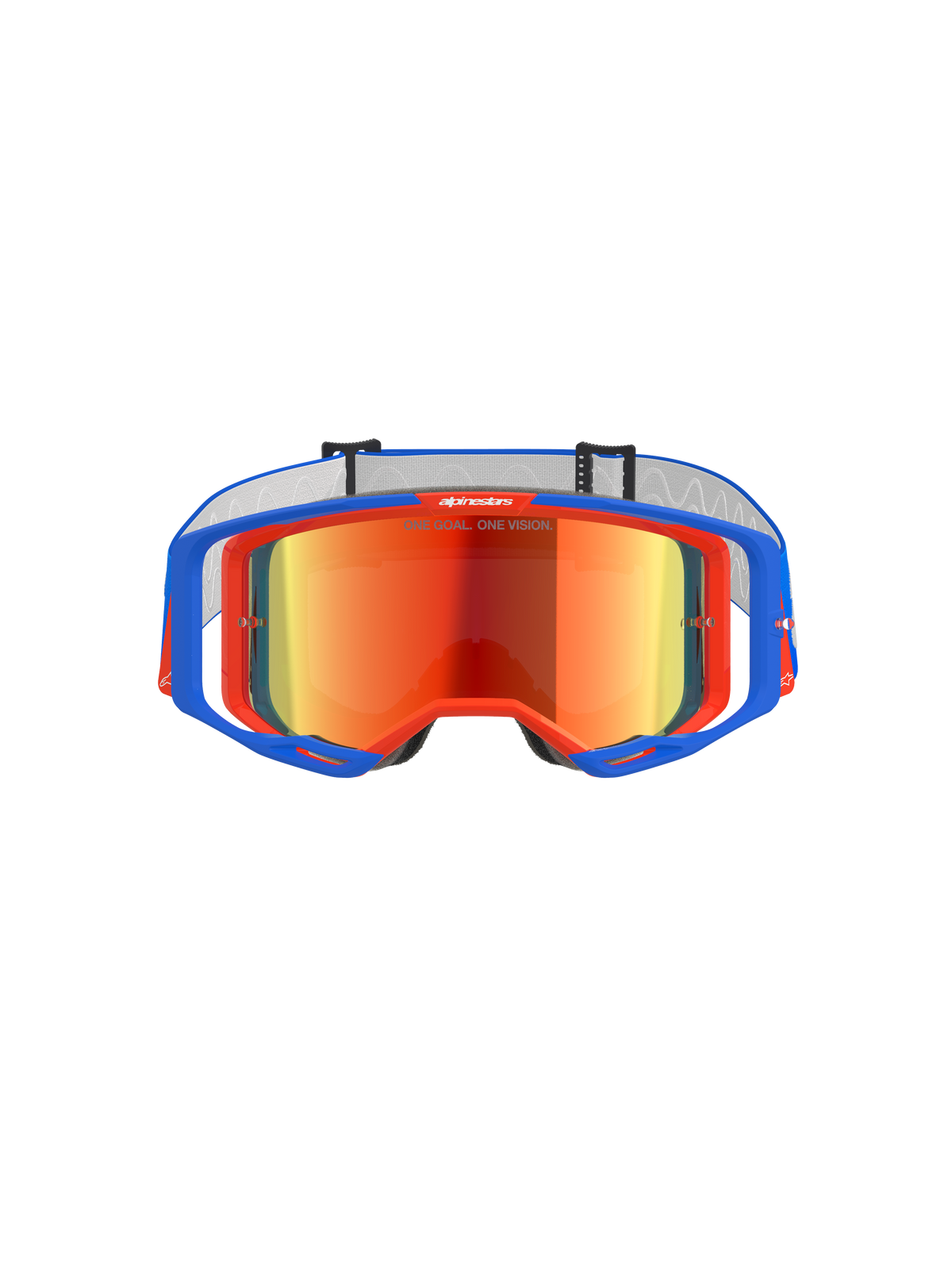 Gogle Alpinestars Vision 8 Wordmark, gogle motocrossowe, niebiesko-pomarańczowe z czerwoną lustrzaną soczewką, oferujące szerokie pole widzenia i wysokowydajną ramkę A-FLEX do wyścigów terenowych.