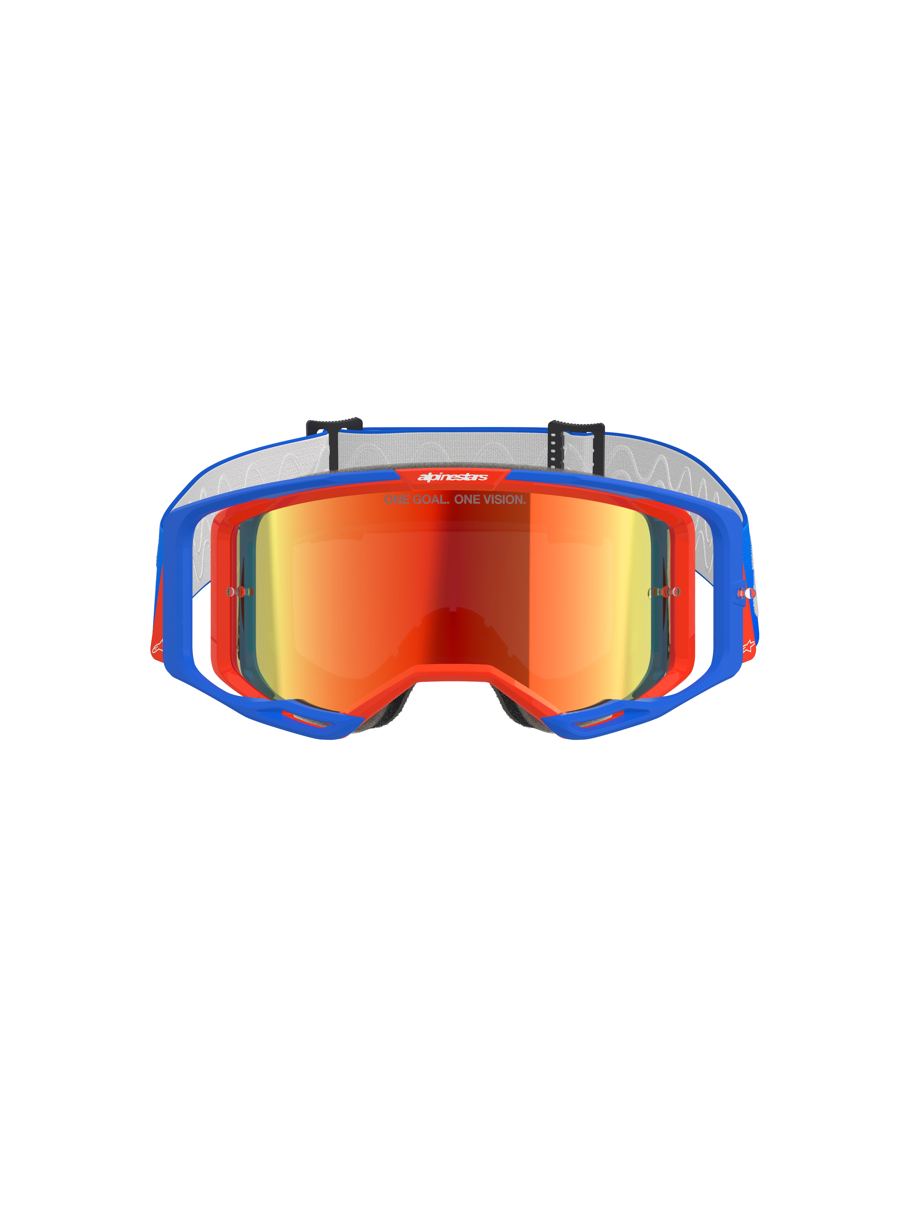 Gogle Alpinestars Vision 8 Wordmark, gogle motocrossowe, niebiesko-pomarańczowe z czerwoną lustrzaną soczewką, oferujące szerokie pole widzenia i wysokowydajną ramkę A-FLEX do wyścigów terenowych.