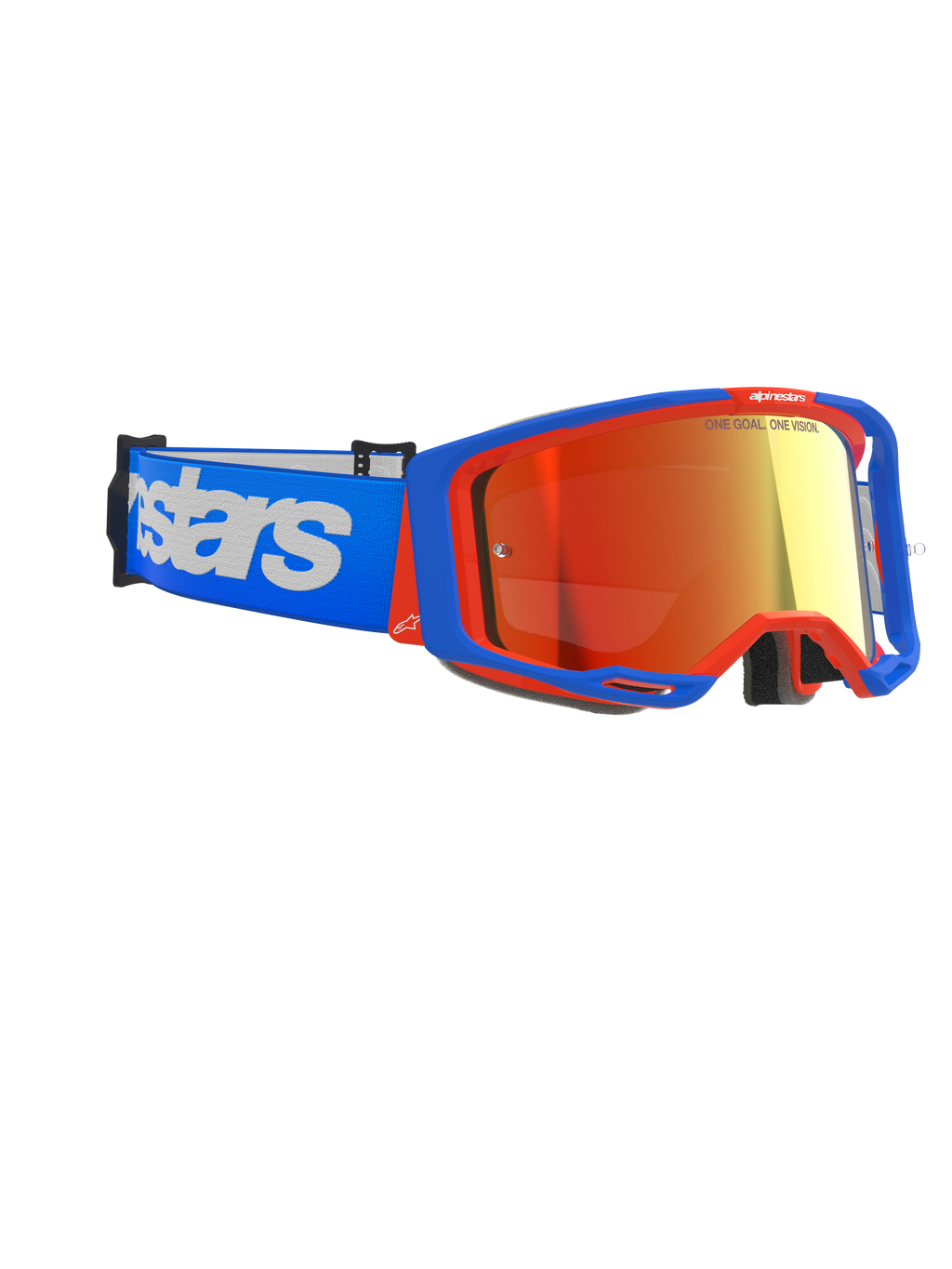 Gogle Alpinestars Vision 8 Wordmark, gogle motocrossowe, niebiesko-pomarańczowa oprawka z czerwoną lustrzaną soczewką, niebieski pasek z dużym białym logotypem Alpinestars, wyczynowe gogle ochronne do wyścigów off-road