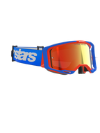 Gogle Alpinestars Vision 8 Wordmark, gogle motocrossowe, niebiesko-pomarańczowa oprawka z czerwoną lustrzaną soczewką, niebieski pasek z dużym białym logotypem Alpinestars, wyczynowe gogle ochronne do wyścigów off-road