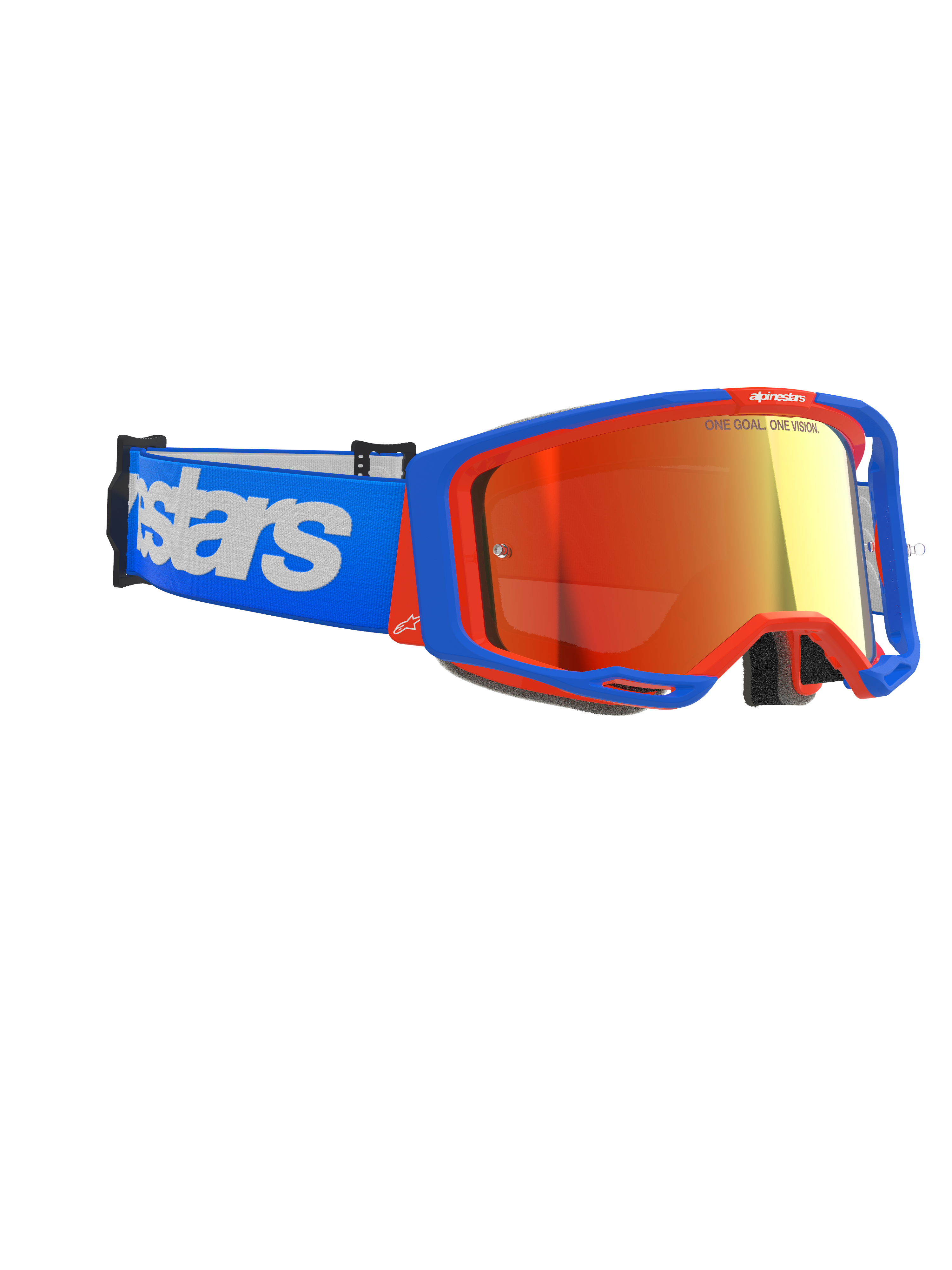 Gogle Alpinestars Vision 8 Wordmark, gogle motocrossowe, niebiesko-pomarańczowa oprawka z czerwoną lustrzaną soczewką, niebieski pasek z dużym białym logotypem Alpinestars, wyczynowe gogle ochronne do wyścigów off-road