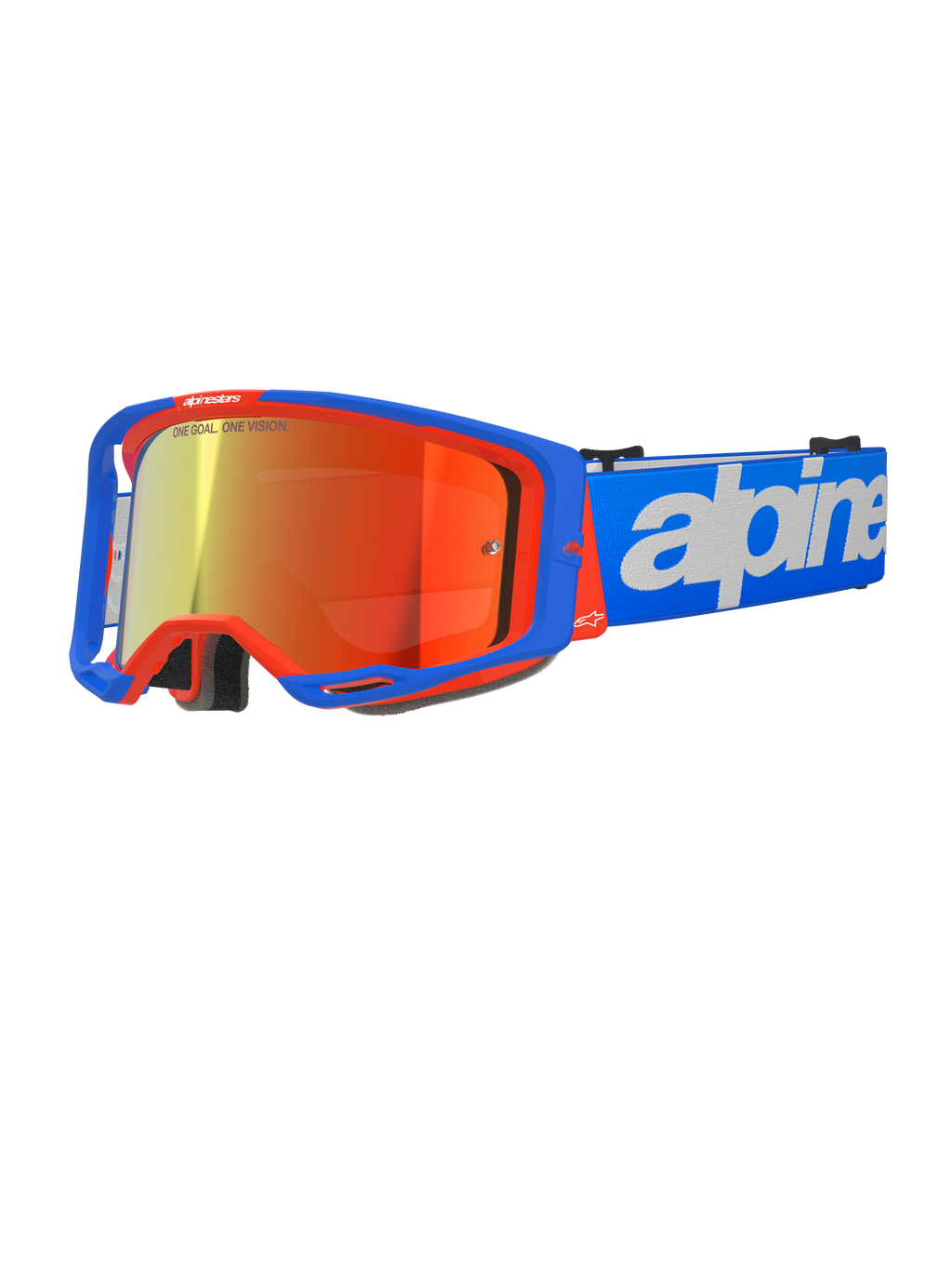 Gogle Alpinestars Vision 8 Wordmark, gogle motocrossowe, niebiesko-pomarańczowe z czerwoną lustrzaną soczewką, szerokie pole widzenia, niebieski regulowany pasek z wyraźnym białym napisem, piankowa wyściółka i wentylacja do jazdy terenowej